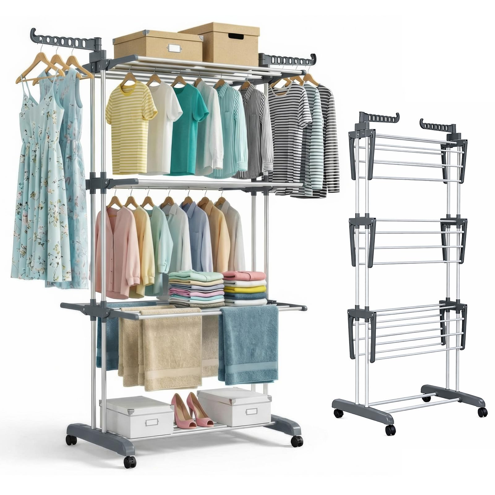 ANYVOYAGE 4 Tier Large Clothes Airer with Wings, Retractable Folding Drying Rack with Wheels for Indoor & Outdoor Use, Heavy Duty Portable Laundry Dryer, 176 x 72 x 65 cm, Grey