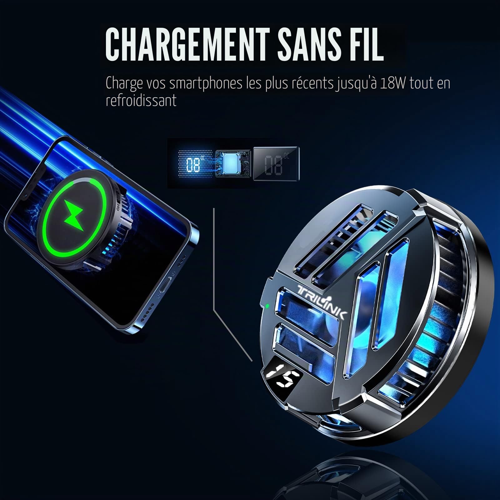 TRILINK Refroidisseur magnétique de téléphone avec chargement sans fil, ventilateur de refroidissement de téléphone pour iPhone/Android/iPad/Tablette, compatible avec l'iPhone 12/13 MagSafe