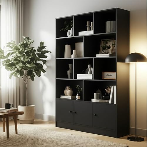 Miniatura 5 de Anystyle Estantería negra de 5 niveles, armario de almacenamiento de 13 cubos con 3 puertas, estantería independiente para sala de estar y oficina