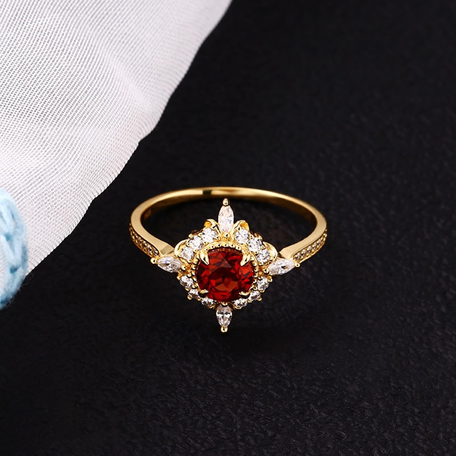 Anillo solitario Au 375/585/750 de oro amarillo con rubí rojo de laboratorio, flores