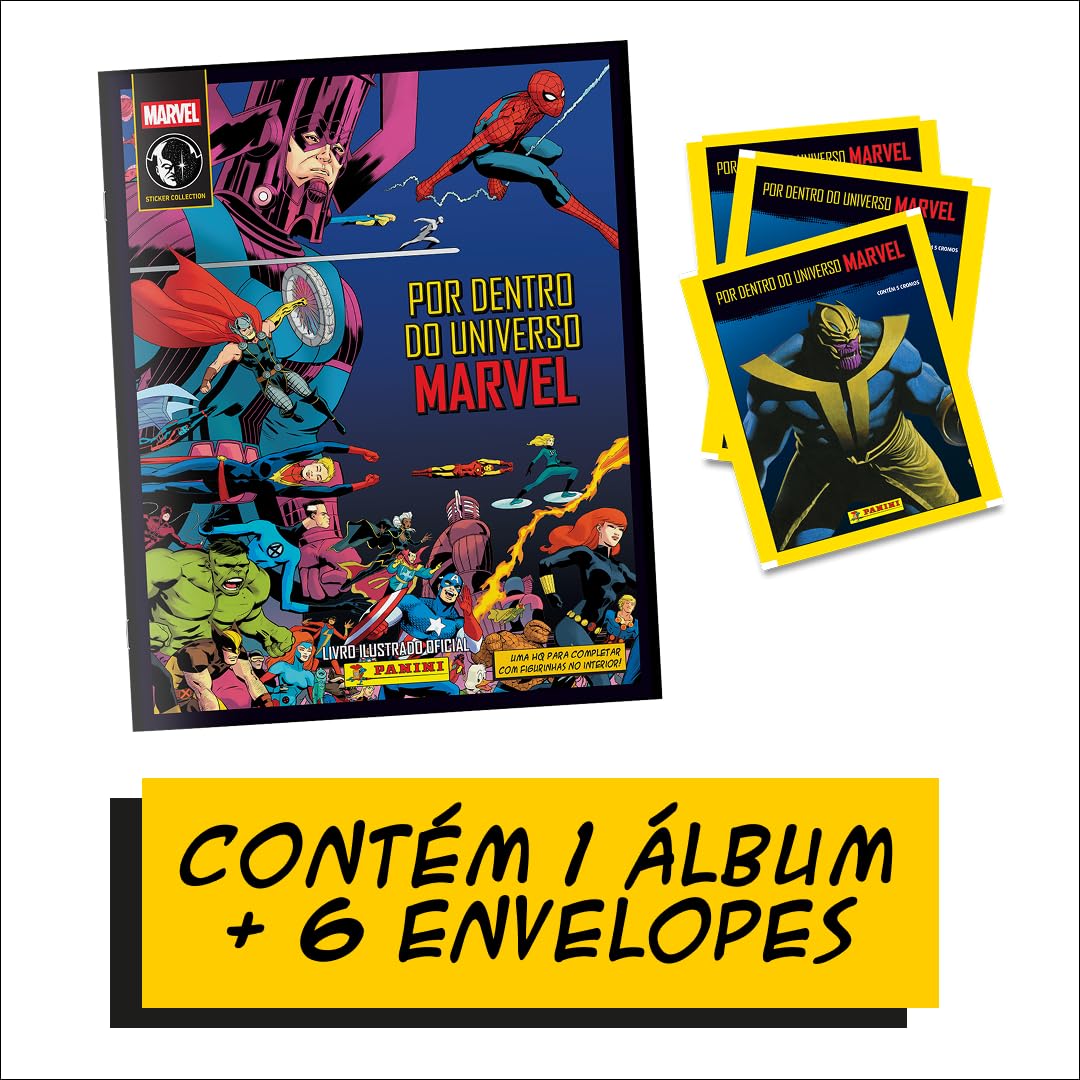 Kit C/ 1 Álbum Brochura + 6 Envelopes de Figurinhas Marvel Comics