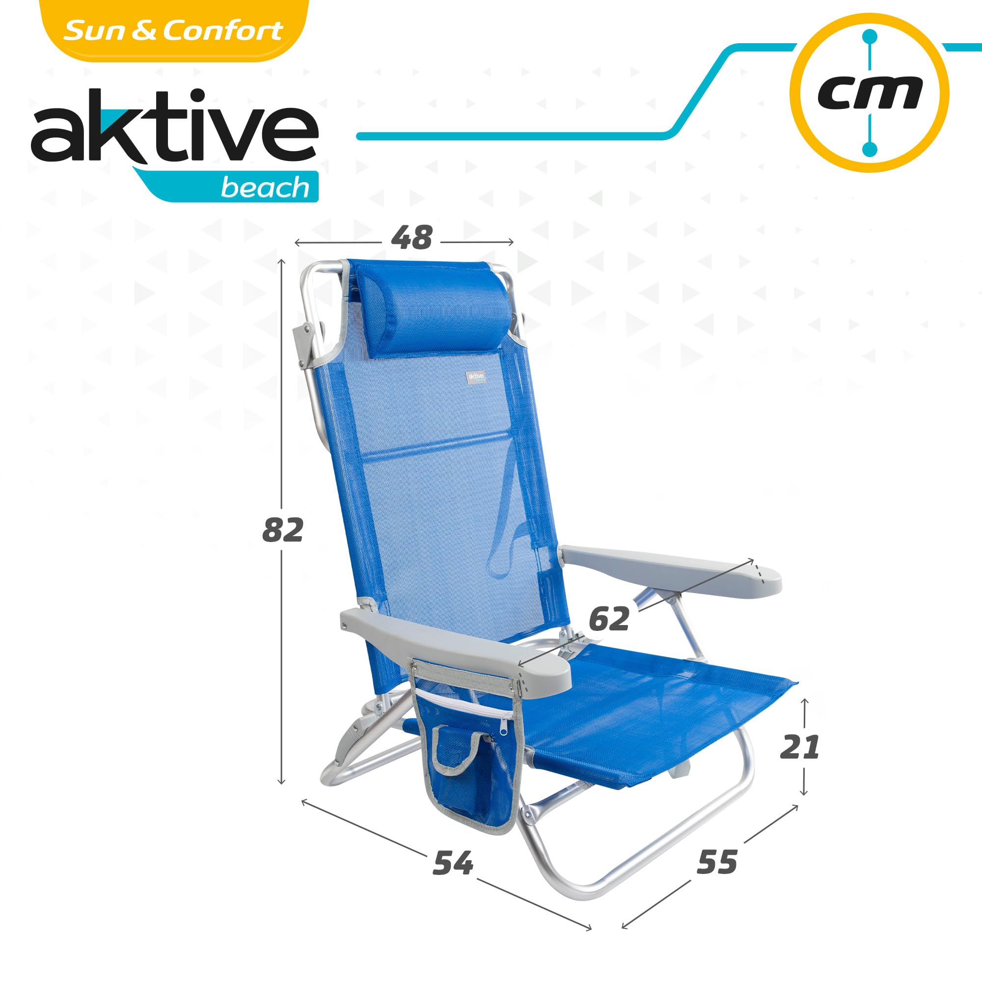 AKTIVE Chaise de plage pliable, 7 positions, couleur beige, 47 x 49 x