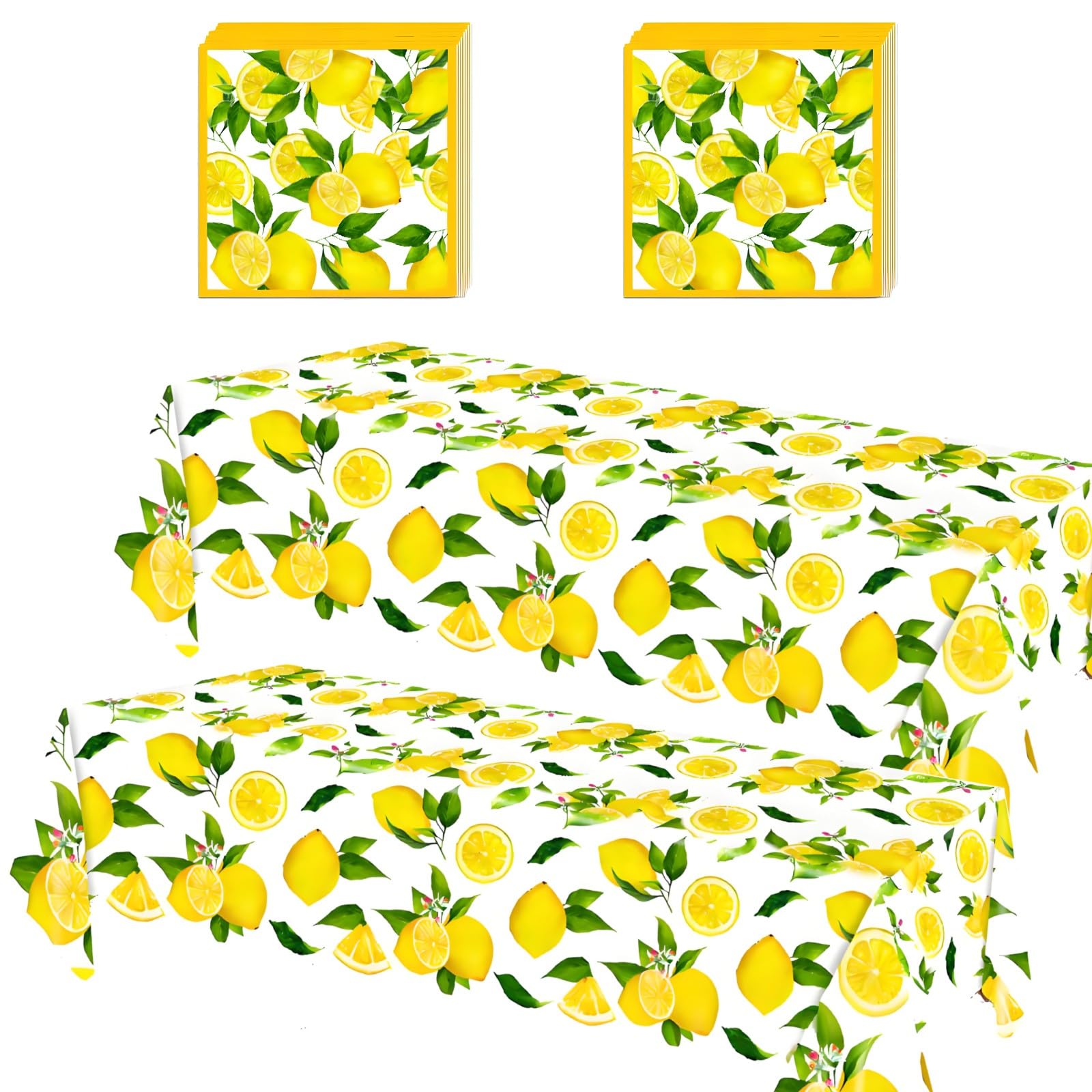 GHKJOK Lemon Print Disposable Tablecloth Set With Matching Napkins - Waterproof Plastic Rectangular Table Cover For Parties, Afternoon Tea, Picnics, BBQs And Indoor Outdoor Celebrations