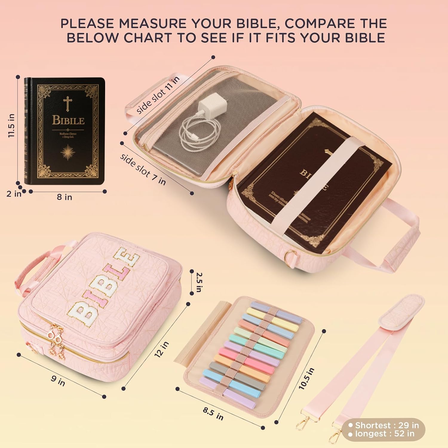 CTWWFS Bible Cover Case for Women Bible Study Kit with Highlighters Tabs, Bible Carrying Case for Women with Shoulder Strap Church Bags with Journaling Kit (Pink -2, Large)