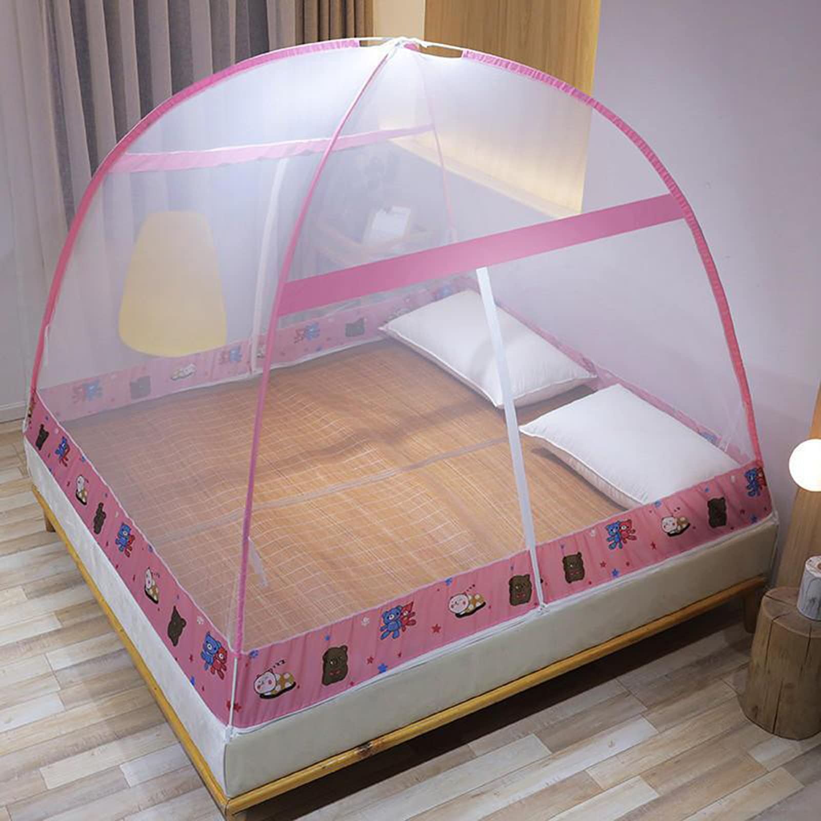 GJMSSMY Pop Up Mosquito Net for Double and Single Bed with Zipper Door Bed Canopy Tent Anti-fall Bed Yurt Enclosed Anti-mosquito Polyester Bed Curtains Easy Installation,Pink,180 * 200 * 1