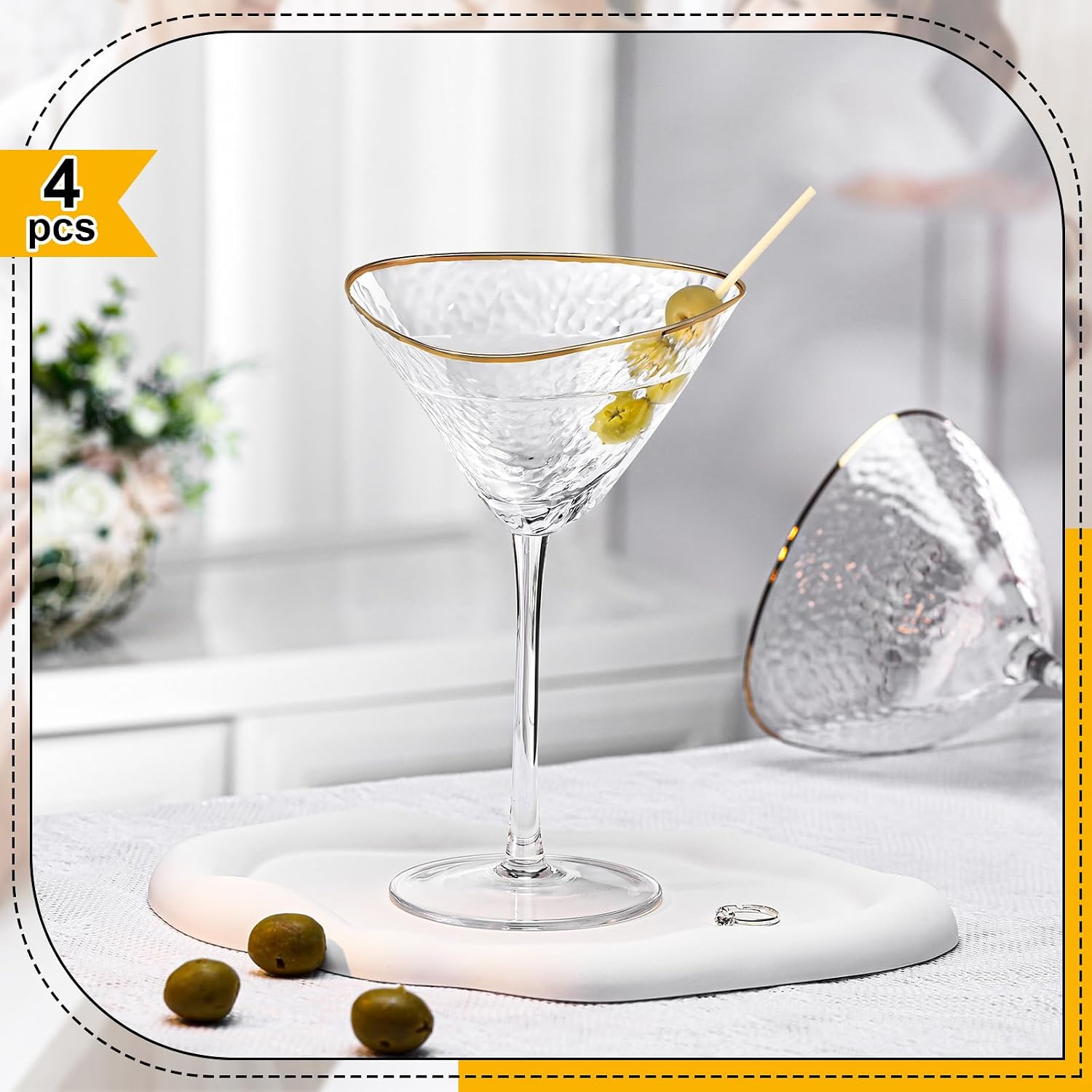 Teenyyou Gold Rim Martini Glasses Set of 4 Hammered Coupe Glasses with Stem 9 oz Reusable Crystal Champagne Cocktail Margarita Whiskey Tequila Glassware for Girls Nights Wedding Housewarming Gifts