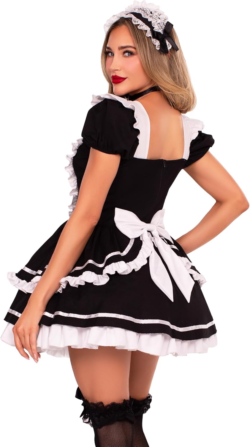Maid to Flirt Costume, Includes Ruffle Trimmed Dress With Lace-up Bodice and Tiered Skirt, Pin-on Back Bow