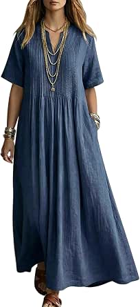 VEVESMUNDO Ladies Cotton Linen Summer Maxi Dresses Loose Fitting Long