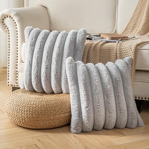 Miniatura 2 de Juego de 2 fundas de almohada de felpa de piel sintética de 16 x 16 pulgadas, fundas de almohada decorativas de lujo, a rayas, suaves y acogedoras