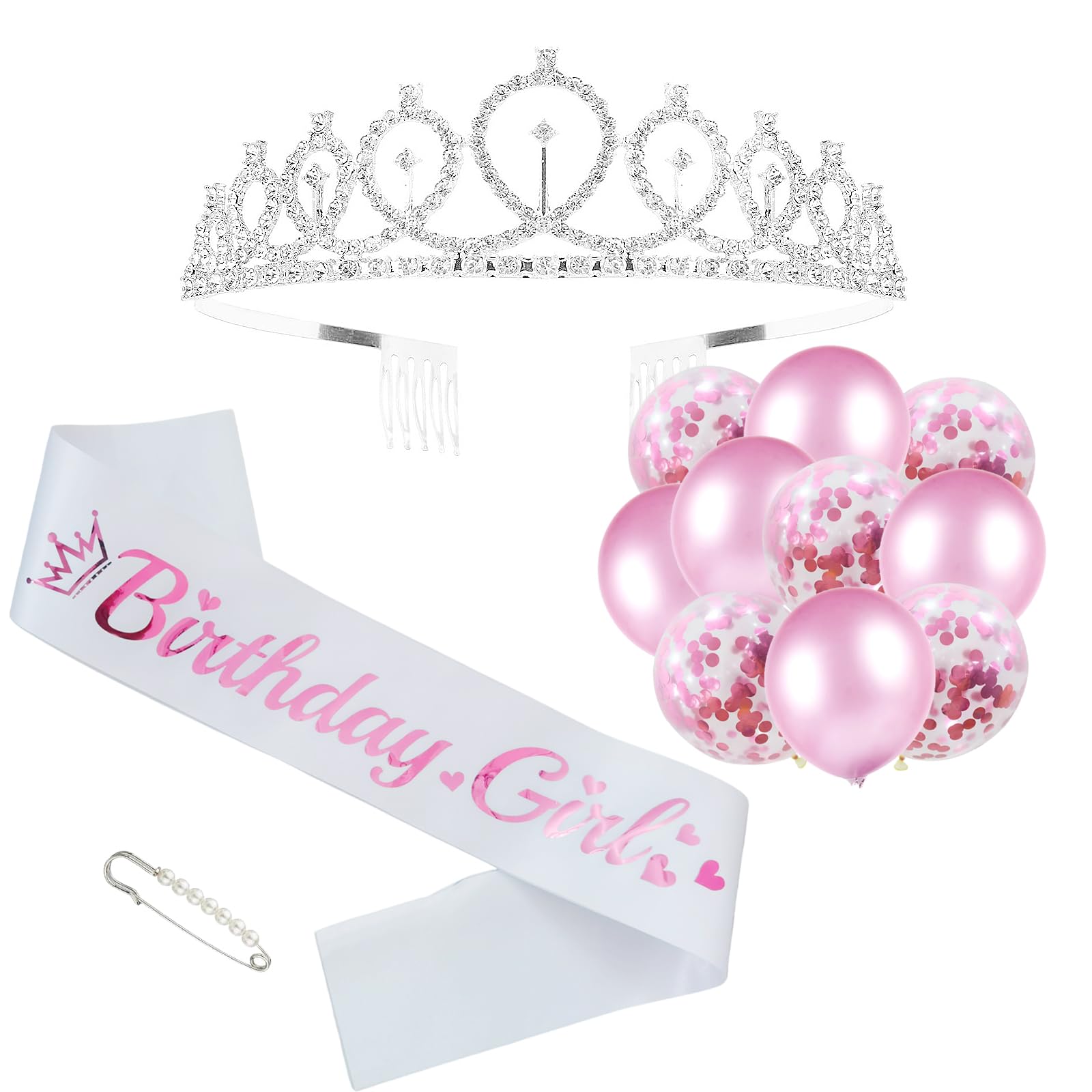 Birthday Girl Sash and Rhinestone Tiara Kit, Pink Letter White Birthday Sash Balloons Crystal Silver Tiara Crowns for Girl Birthday Gift Ideas Party Decorations