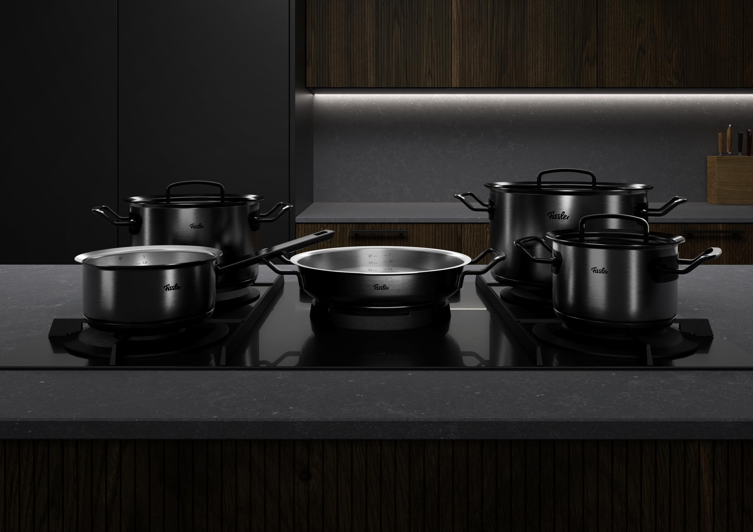 Fissler Original-Profi Collection Shadow Line, 5-teiliges Edelstahl-Topfset, Limitierte Jubiläumsedition, 3 Kochtöpfe, Servierpfanne, Stielkasserolle, Schwarz
