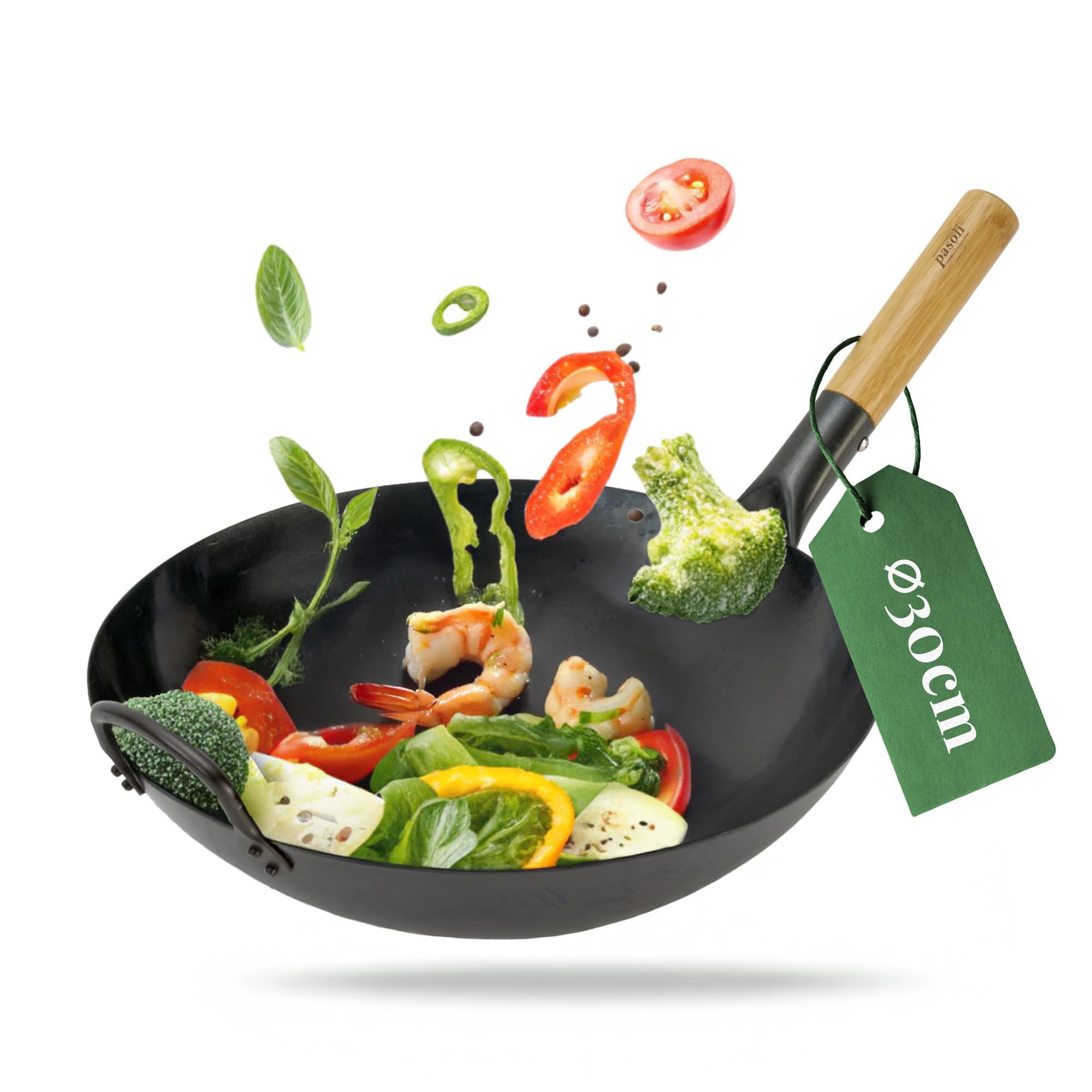 AAF Nommel Wok - Padella con fondo rotondo, pre-cotto, in acciaio al carbonio, strato antiaderente naturale (36 cm