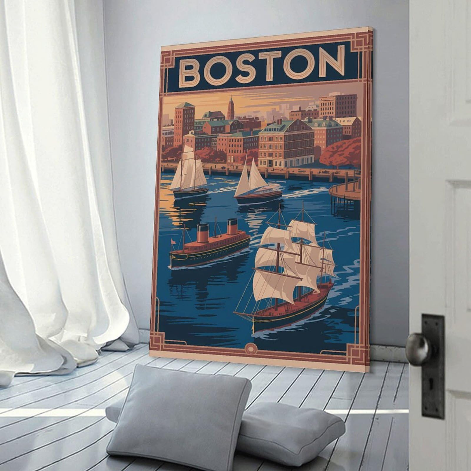 Junmoney Boston Cityscape Vintage Travel Canvas Wall Picture 24x36inch(60x90cm), for Study, Office Or Focused Interiors, Home Office Artwork with Decorative Appeal