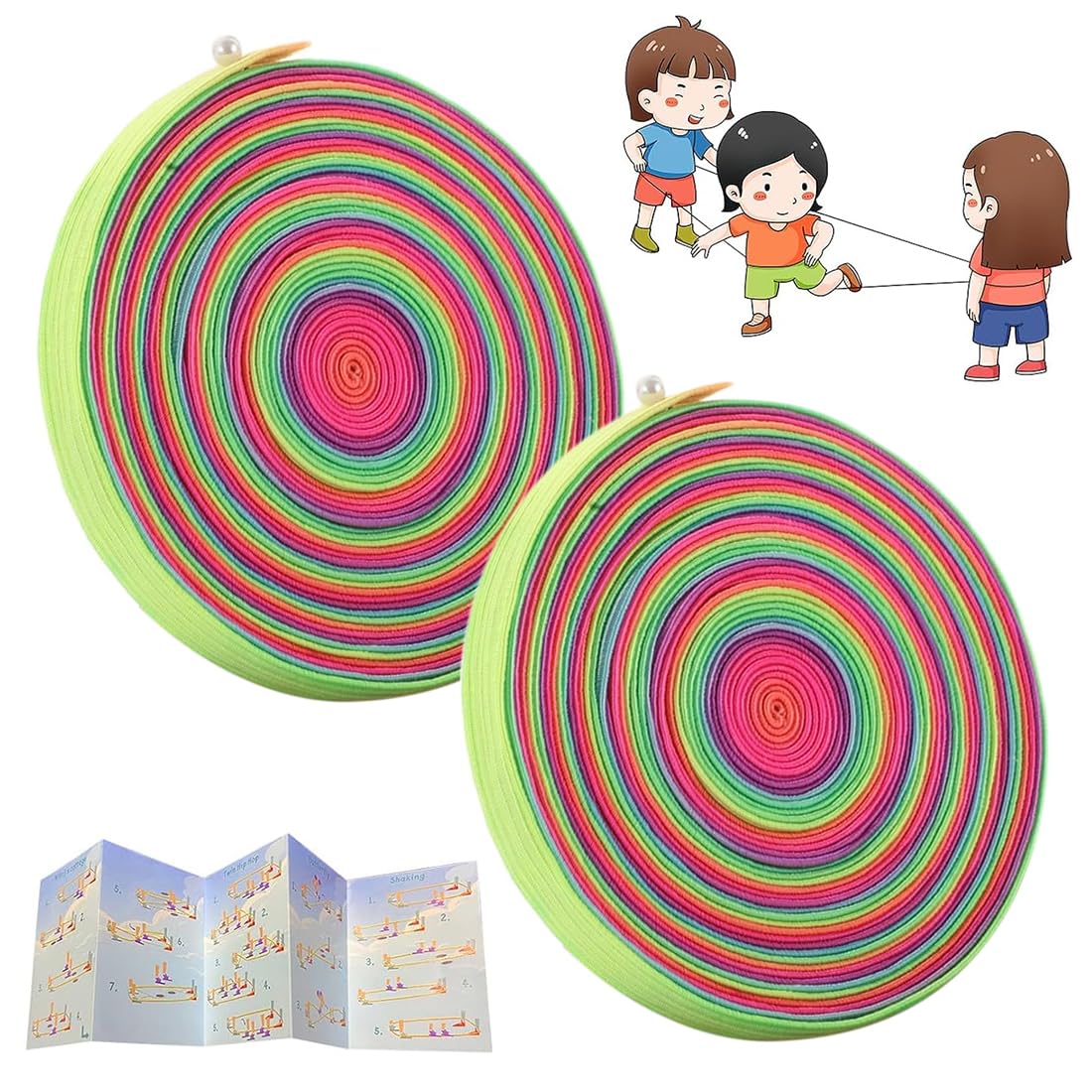 2 pezzi di gomma per bambini con istruzioni per giochi di salto, gomma da saltare, lunghezza 4 m, larghezza 1 cm, nastro arcobaleno, per Bambini Indoor e Outdoor Giochi
