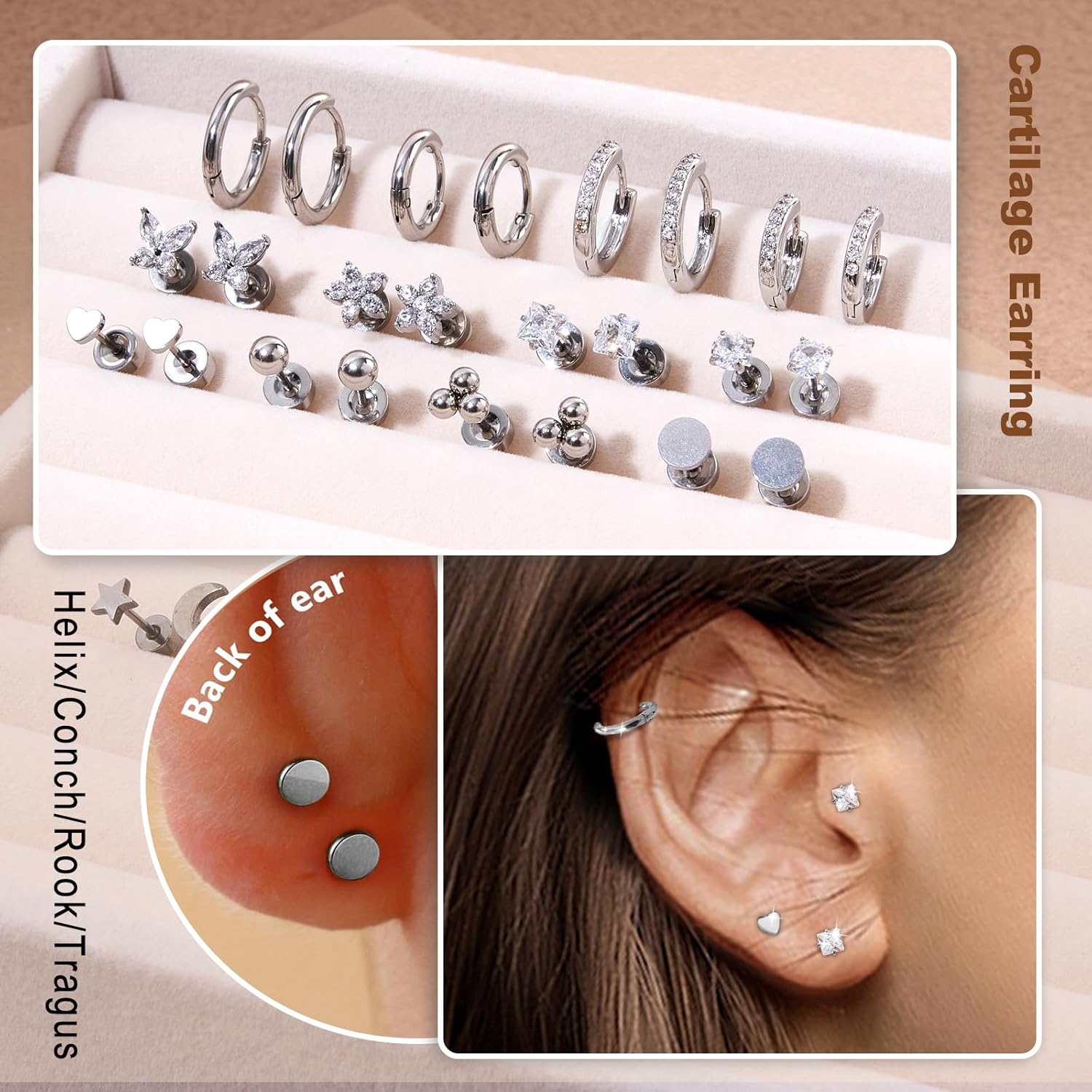 Surgical Steel Cartilage Earrings for Women Flat Back Earrings 14K Gold Daith Conch Tragus Helix Piercing Jewelry Studs Hoop Earring Set for Multiple Piercing - Image 4
