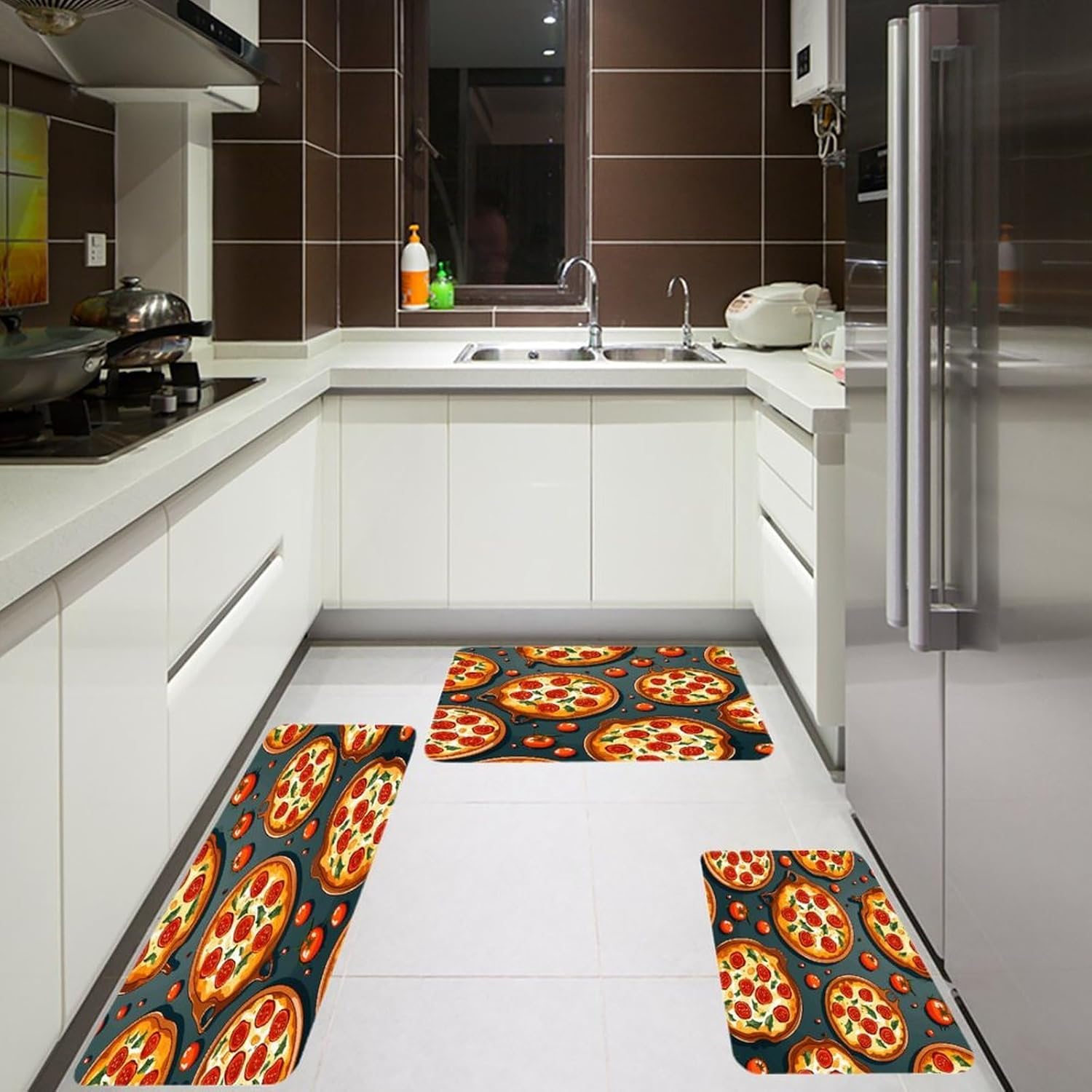 Pizza Food Kitchen Rugs Sets of 3 Non Slip Kitchen Mats for Floor Farmhouse Kitchen Sink Mat Thick Comfort Standing Mat for Laundry Room Hallway Bathroom