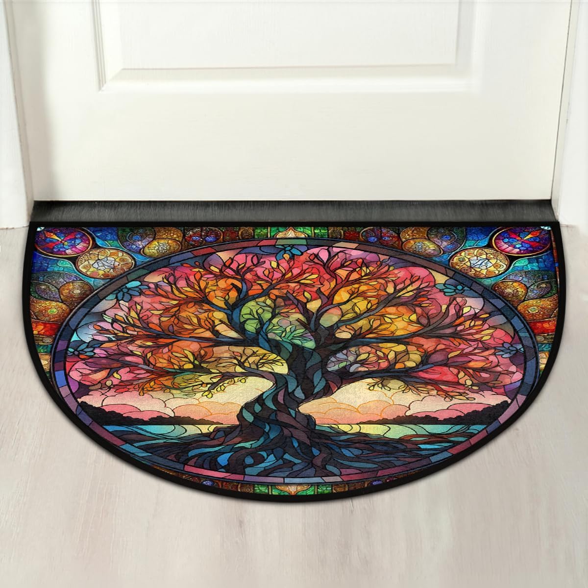 Half Round Door Mat Tree Of Life Color Glass Half Moon Rug Washable Tree Of Life Art Half Circle Area Rugs Indoor Entrance Non Slip Semi Circle Bathroom Rugs for Kithen Bedroom Fireplace Decor