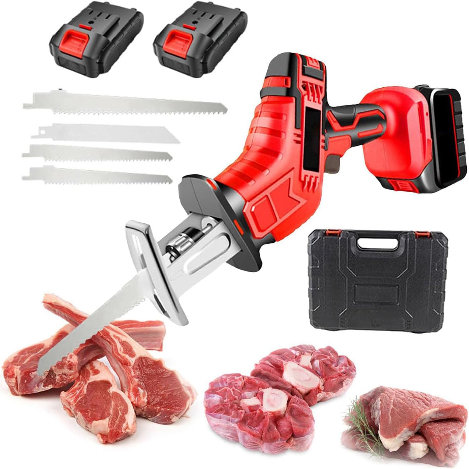 Taglierina per Ossa elettrica a Batteria, Versatile Kit di seghe a Mano per Carne, Legno e Alimenti surgelati con 2 batterie Ricaricabili, 4 Lame, Design ergonomico e Luce a LED per Un Taglio preciso