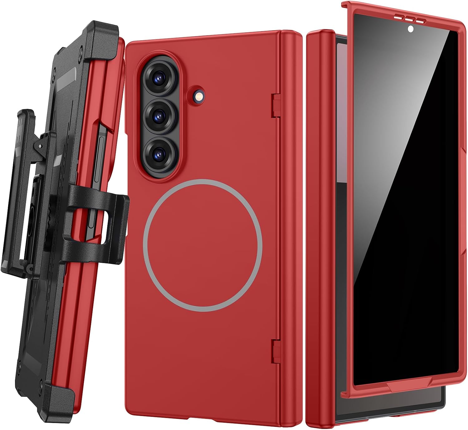 Maxdara for Galaxy Z Fold 7 Magnetic Case, with Privacy Screen Protector & Belt Clip & Compatible with Magsafe & Hinge Protection Shockproof Hard PC Cover for Samsung Z Fold 7 - Red (Privacy Screen)