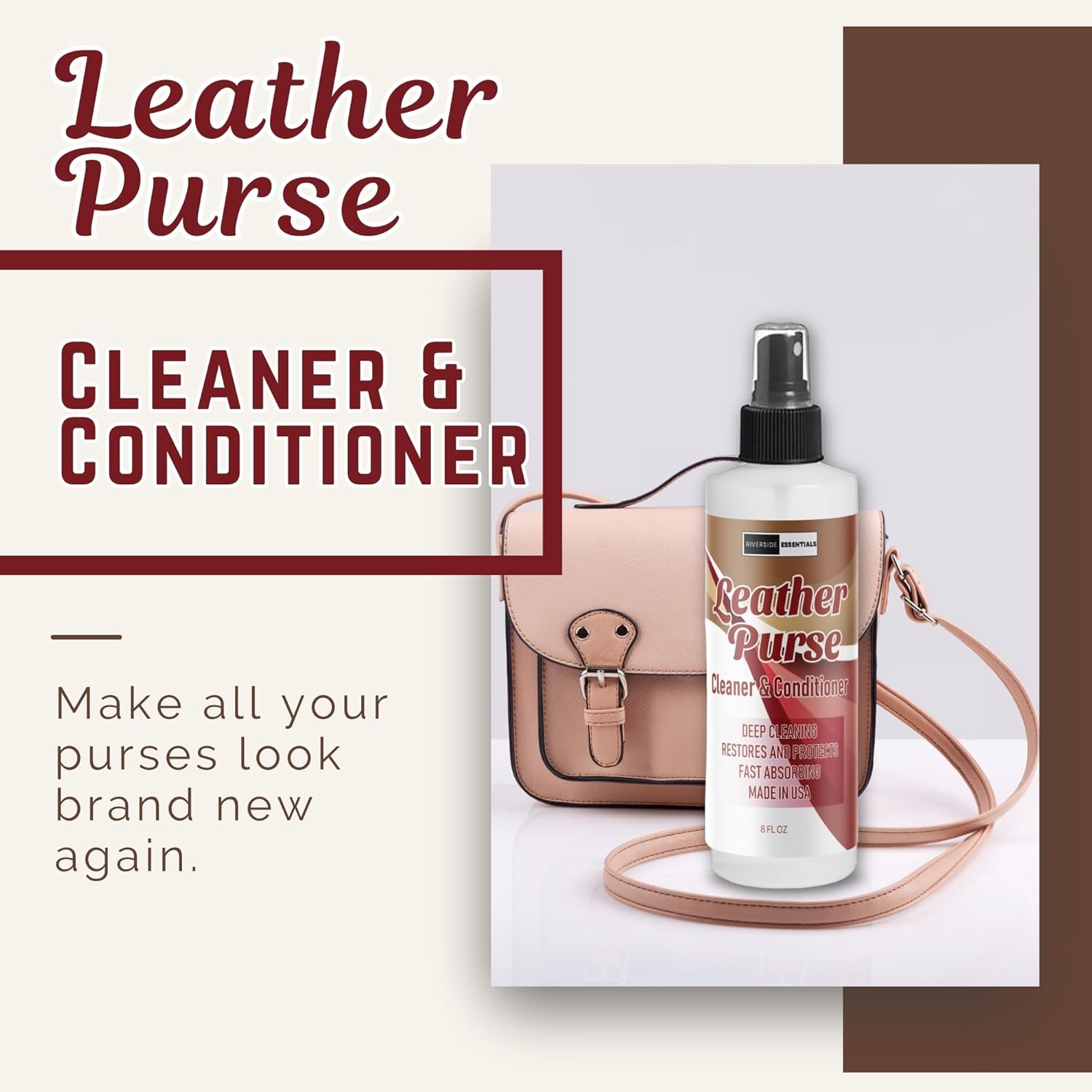8oz Leather Purse Cleaner & Conditioner – 3-in-1 Spray for Handbags, Designer Bags & Luxury Purses – Deodorizes, Cleans, Conditions & Restores Leather – Safe on Finishes - Image 2