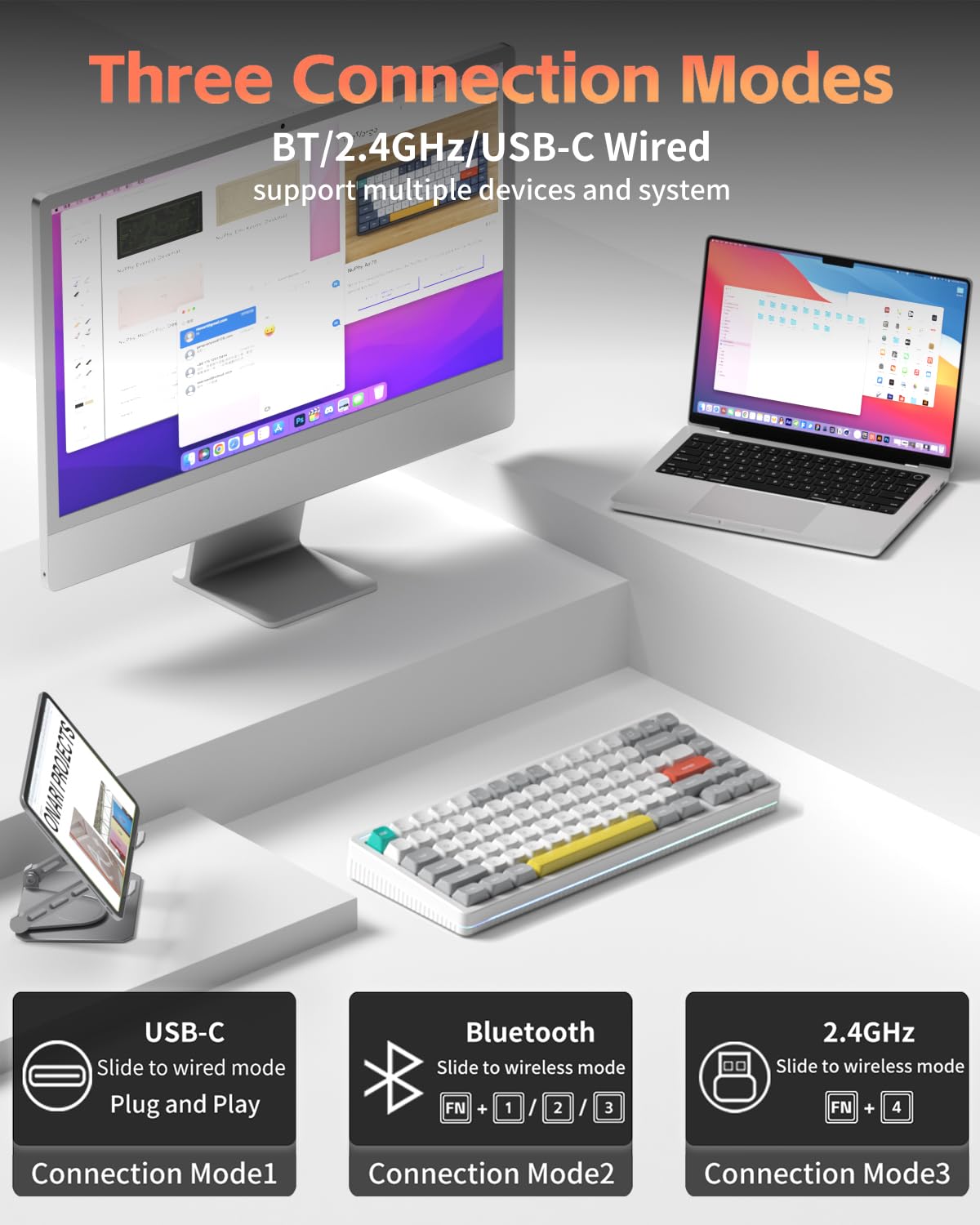 nuphy Halo V2 IO Teclado mecánico inalámbrico con teclas PBT, teclado para juegos personalizado intercambiable en caliente, retroiluminación RGB, BT5.0/USB-C/2,4 GHz Teclado de oficina