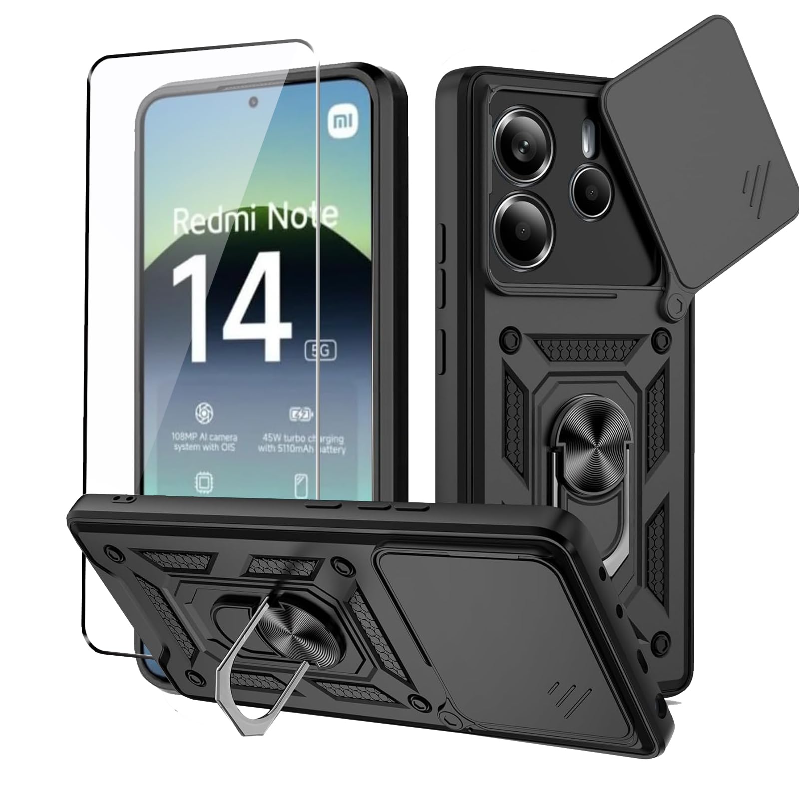 Case for Xiaomi Redmi Note 14 5G Phone case with Tempered Glass Screen Protector,Dropproof Cell Phone Cover with Kickstand & Slide | Protective Heavy Duty Rugged Phone Case-Black