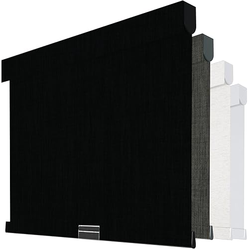 Boolegon Cordless Blackout Roller Shades for Windows, Free-Stop Linen Shades with Valance, Thermal Insulated Fabric, UV Protection Roller Blinds for Home, Office (Black, Custom Size)