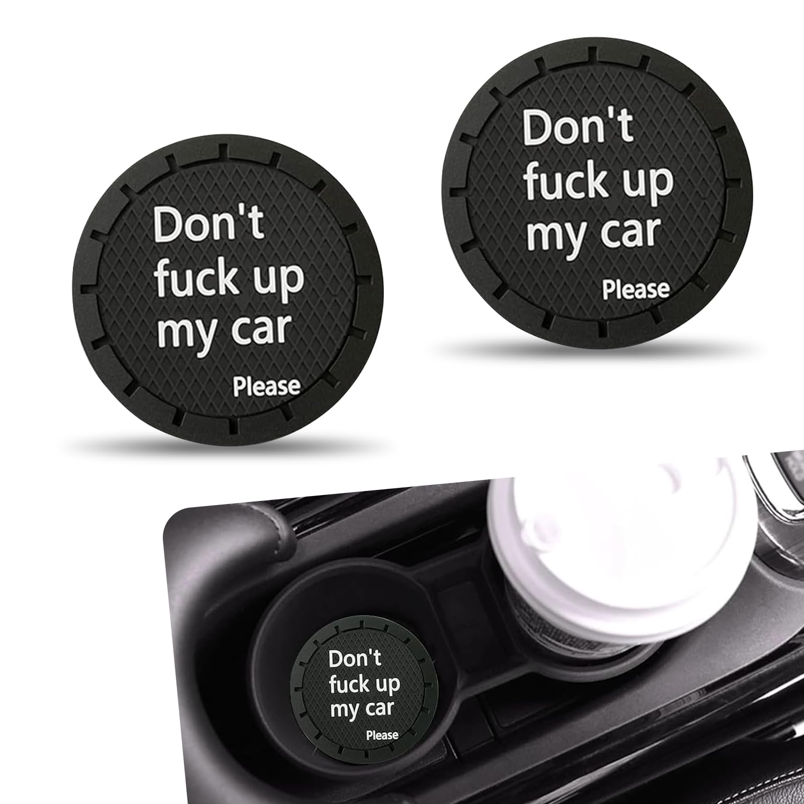Pack-2 Car Coaster, Don't Fuck Up My Car Personality Attitude Slogan Cup Holder Decoration, PVC Non-Slip Insulated Honeycomb Coaster, Universal Interior Accessory for Cars SUVs (Black)