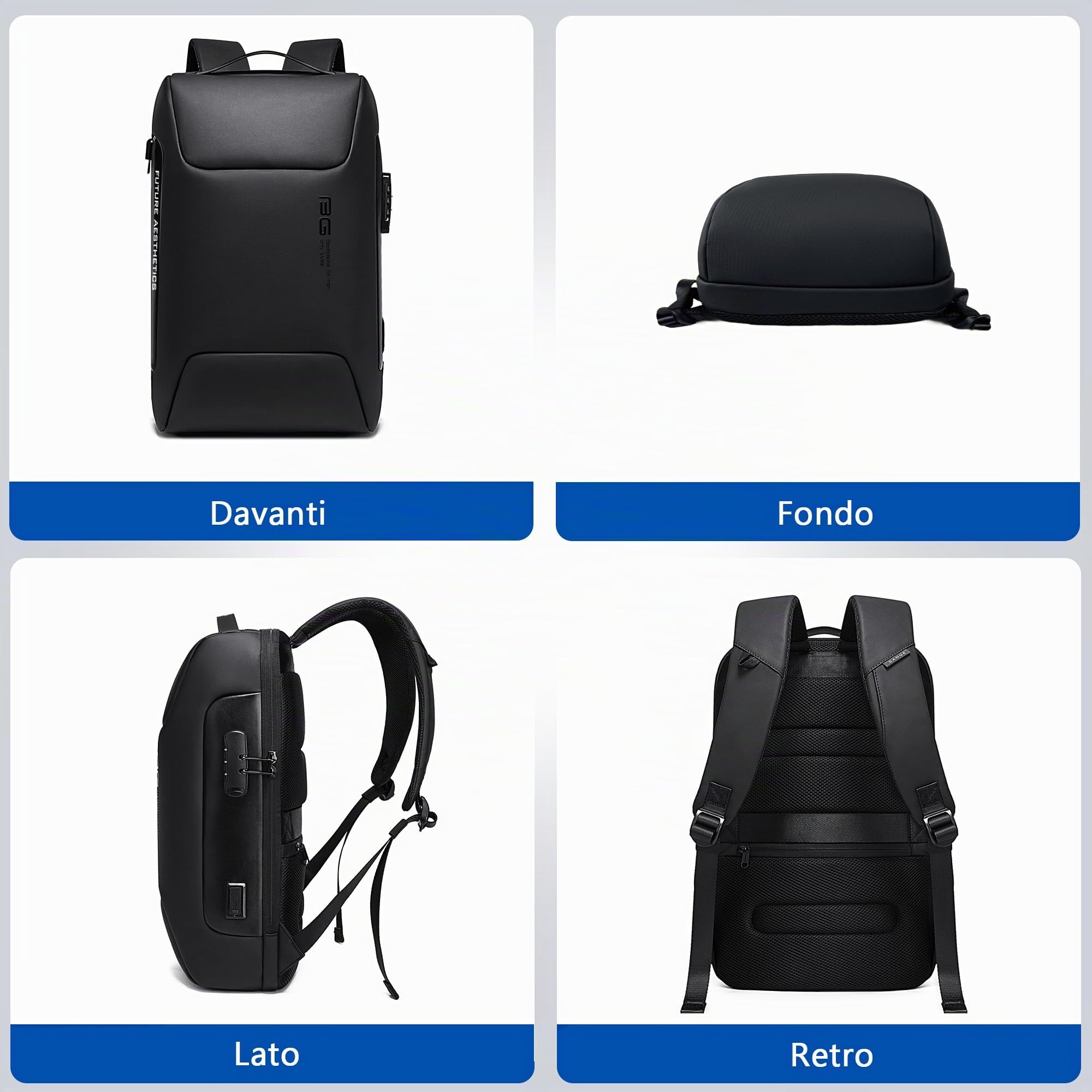VARLIVOO Moda Uomo Zaino USB Port Parola d'ordine Serratura Antifurto Zainetto 15,6" Laptop Uomo Borse Lavoro Viaggio Scuola Impermeabile Polyester Nero