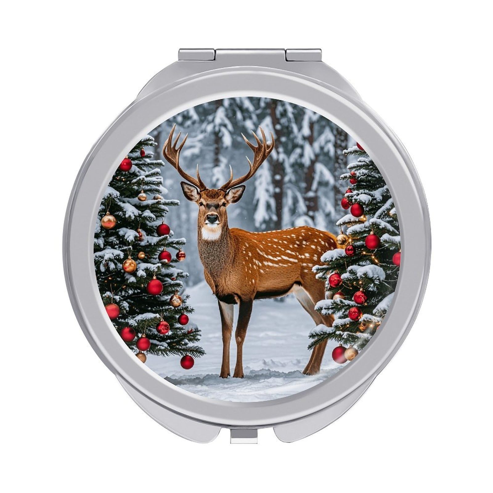 VstaDank Cow Deer Trees Christmas Travel Makeup Mirror 2 X /1 X Magnifying Mini Vintage Pocket Mirror for Purse Small Portable Folding Small Round Mirrors Portable Vanity Mirrors for Women