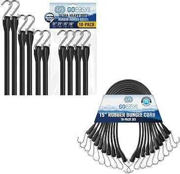 GOEASY0312 Rubber Bungee Cords with Hooks,10" 2PCS, 15" 12PCS, 21" 4PCS, 31" 2PCS, Max Stretch 1.8X & Over 180 LBS Load, 100% EPDM Bungee Straps