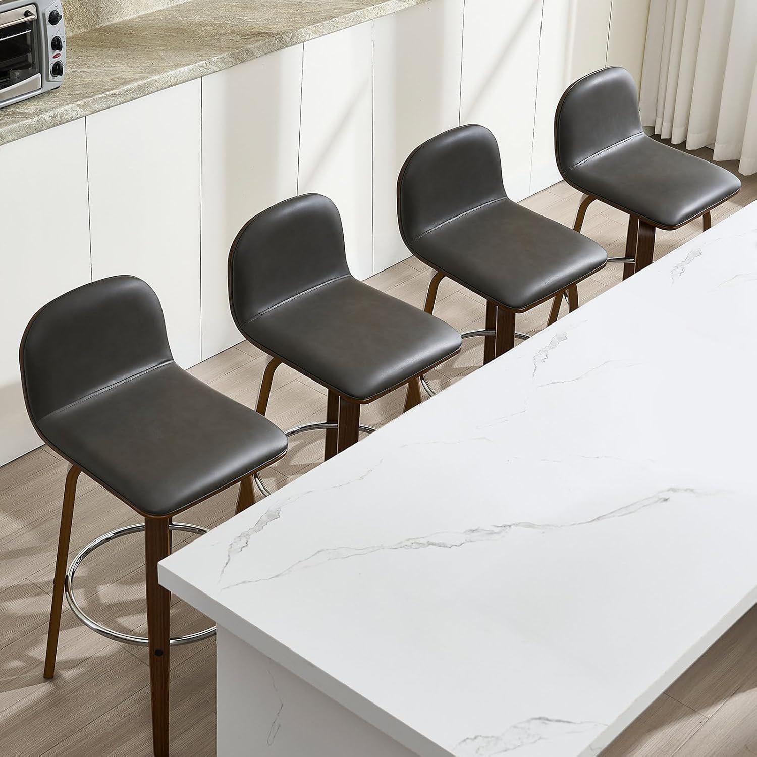 Bekrvio Swivel Counter Height Bar Stools Set of 4, 26" H Mid-Century Modern Upholstered Faux Leather Barstools with Low Back, Walnut Bentwood Legs, Counter Stools for Kitchen Island, Grey