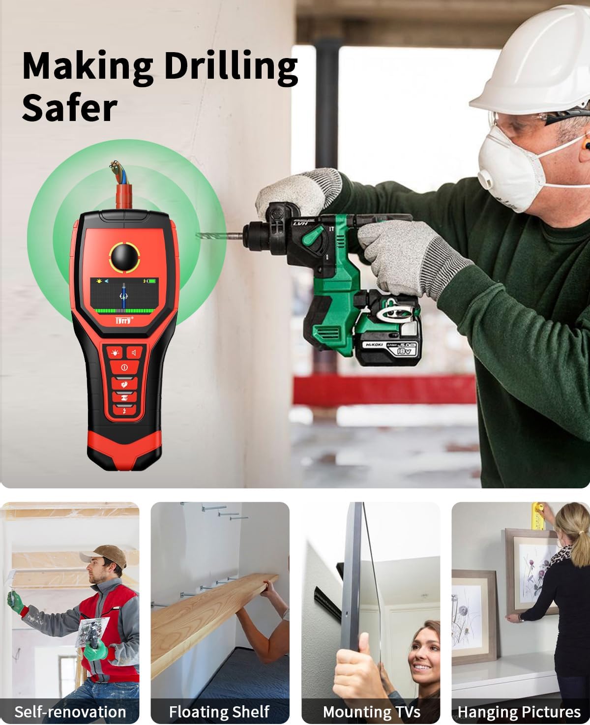 Image depicting the stud finder in use, detecting an AC wire before drilling, emphasizing safety