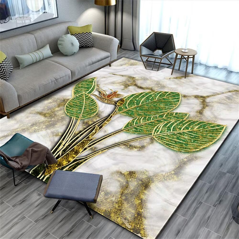 Tapis de salon 170X240cm motif feuille gris et vert décoration chambre