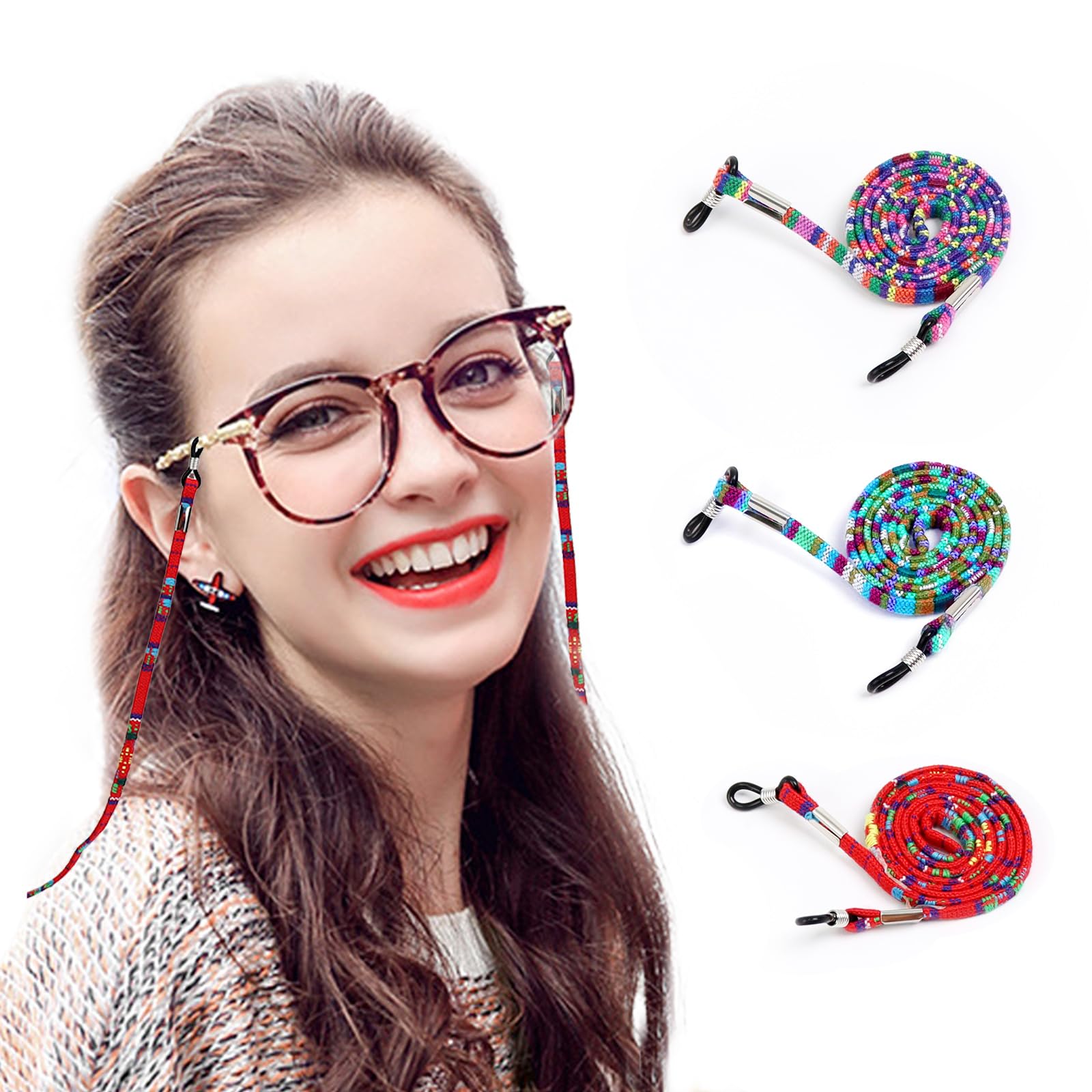GOTRUSTCordones para Gafas de Sol Mujer, 3pcs Cordon de Gafas Lectura Ajustable, Cordón Gafas de Lectura Multicolor, Antideslizante Cordones para Gafas para Mujer Hombre Niño