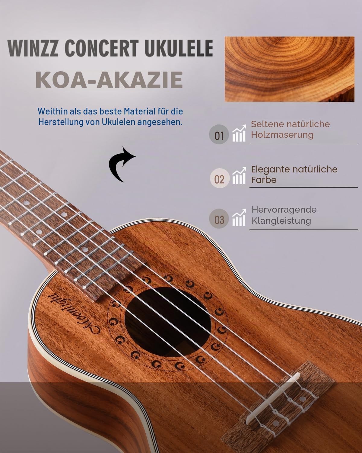 Winzz Ukulele Konzert 23 Zoll Erwachsene Kinder Anfänger Set, Ukulele Holz KOA Beste für Profis