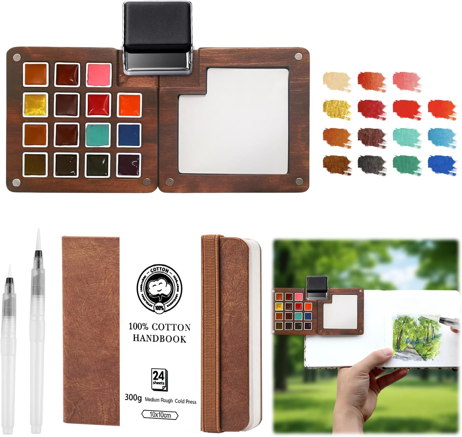 Mini Watercolour Paint Kit - Travel Watercolour Set, 15 Grid Wood Pocket Water Colour Palette Set With Sketchbook, Clip, Pen and 15 Colors, Art Painting Set Gift for Beginners, Artists and Student