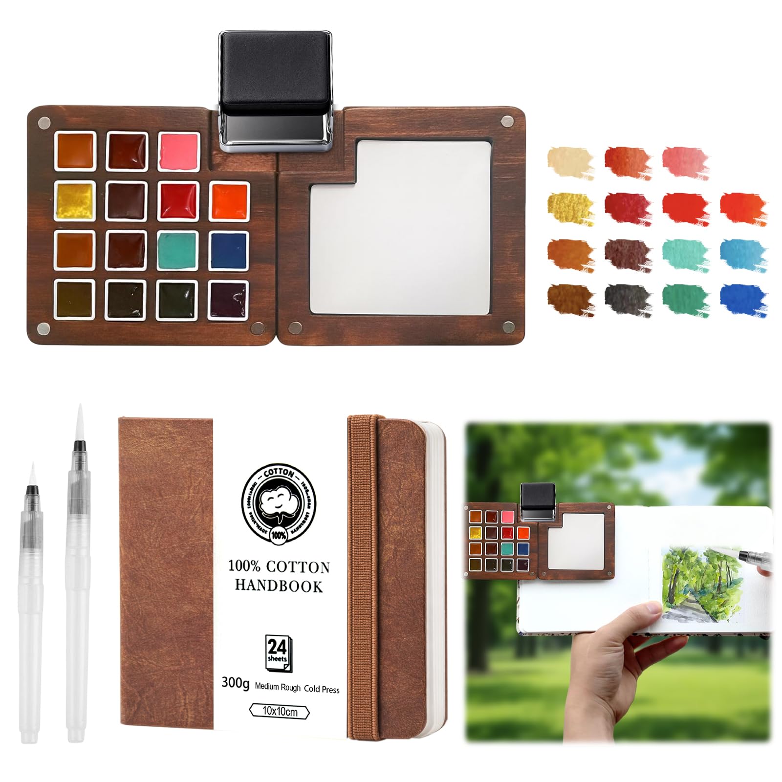 Mini Watercolour Paint Kit - Travel Watercolour Set, 15 Grid Wood Pocket Water Colour Palette Set With Sketchbook, Clip, Pen and 15 Colors, Art Painting Set Gift for Beginners, Artists and Student