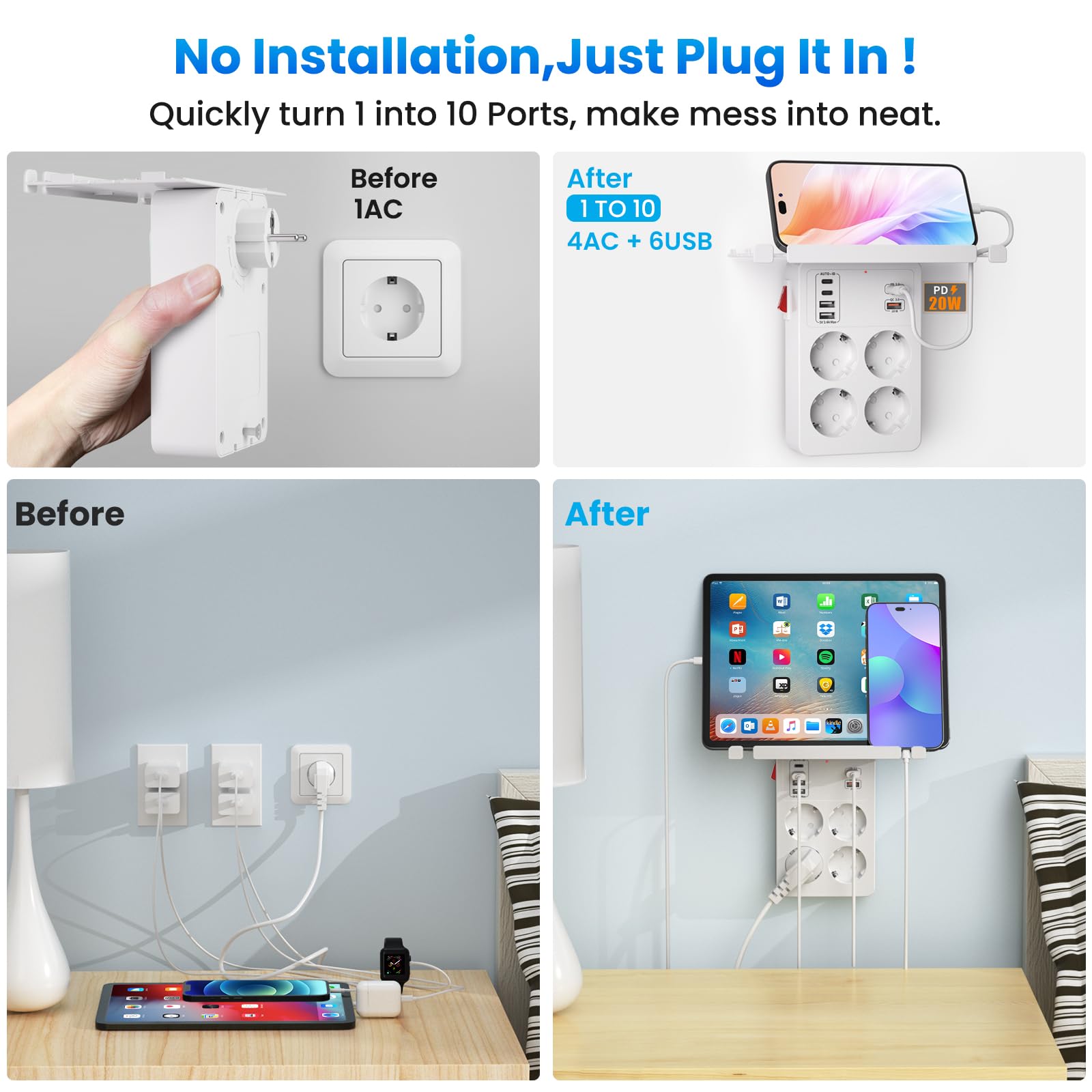 PD20W Multipresa con Interruttore,Presa Multipla da Parete con Ricarica Rapida PD3.0 20W e QC3.0 18W,4 Prese schuko e 6 USB Caricatori,Adattatore Ciabatta Multipresa con Supporto per Telefono,Bianco