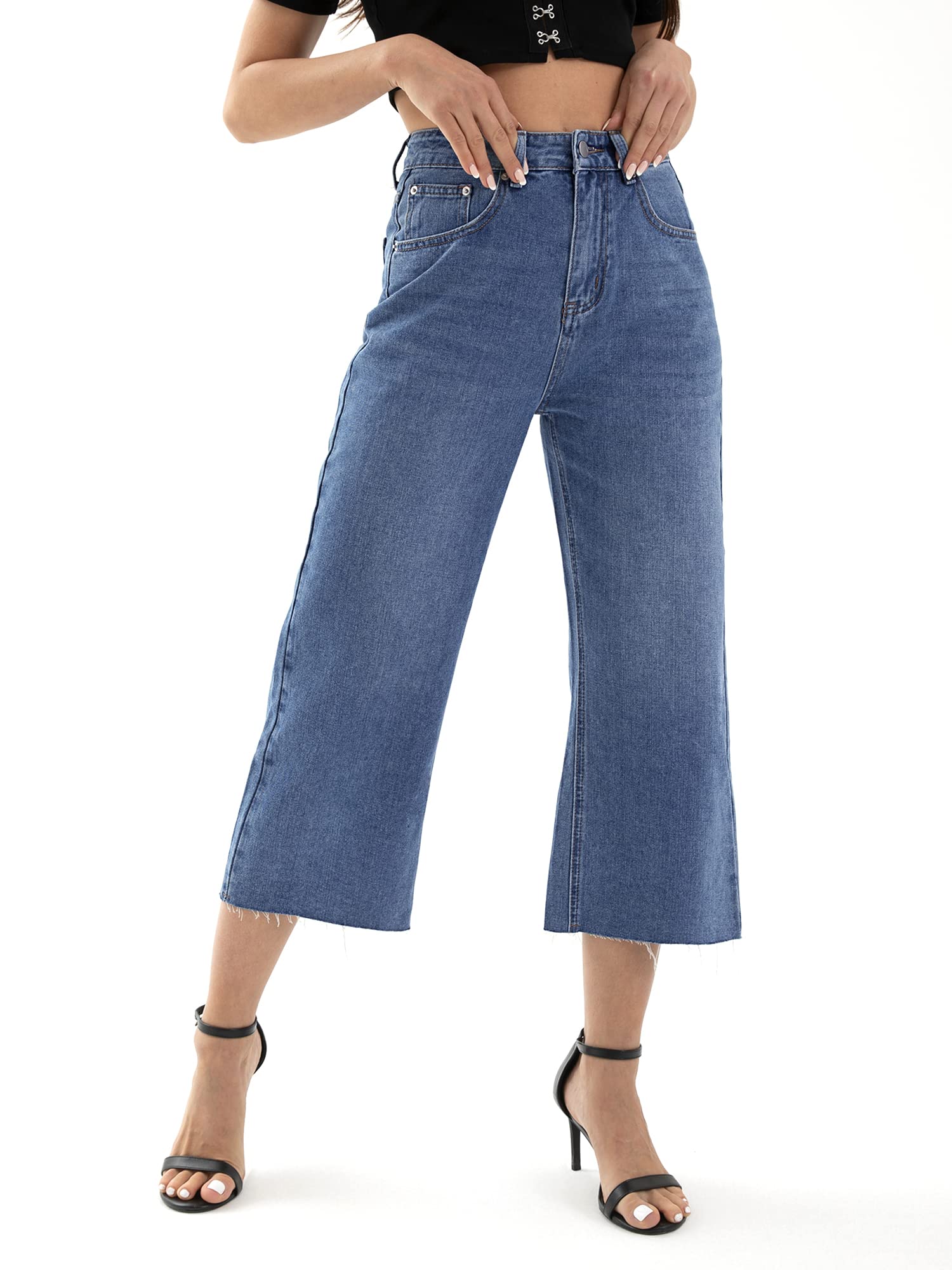 HDLTE Wide Leg Cropped Jeans for Women High Waisted Loose Baggy Crop Flare Denim Casual Pants
