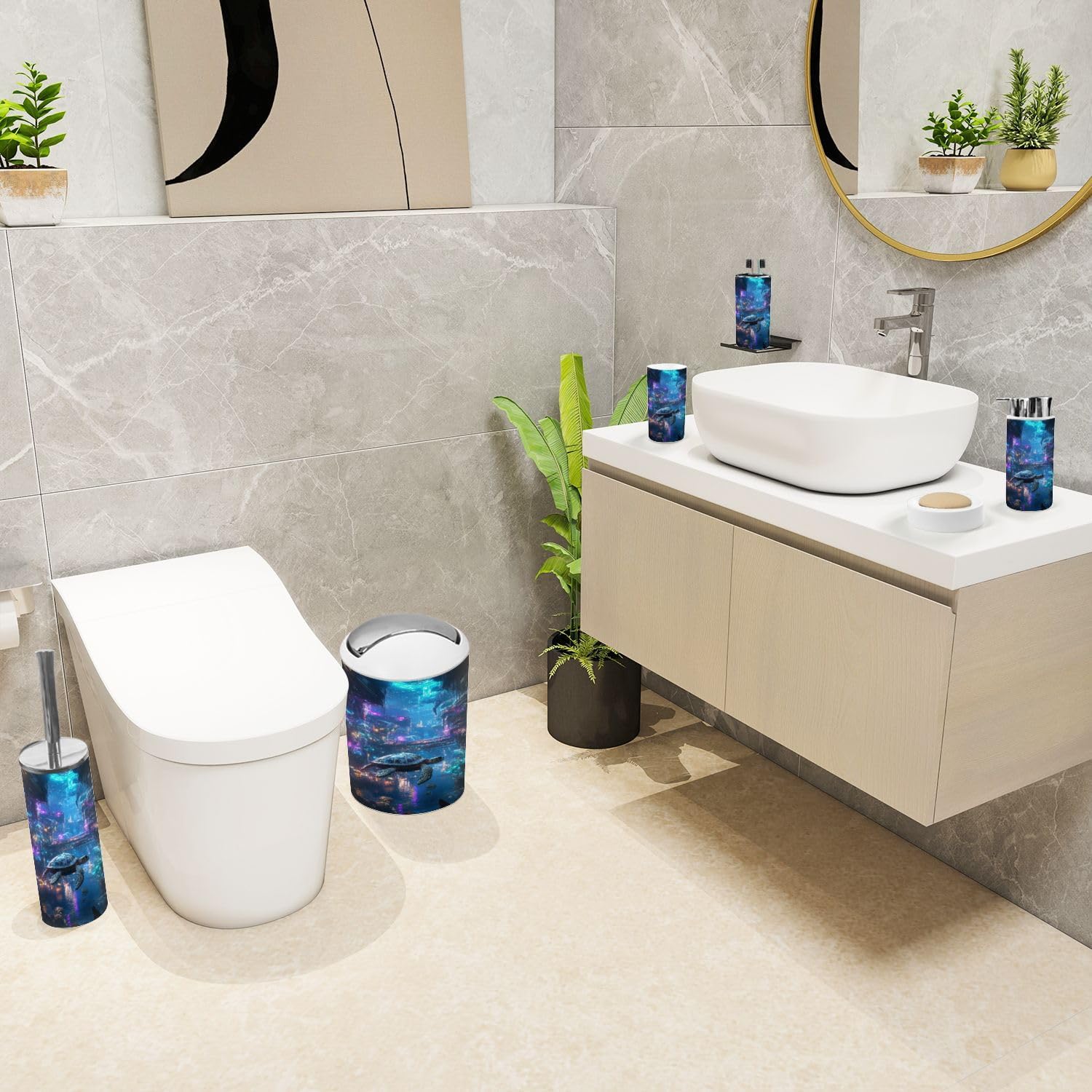6 Piece Bathroom Accessories Set Robotic Sea Turtle Exploring Ocean Bioluminescent Plants Trash can Toilet Brush Holder Toothbrush Holder Toothbrush Cup Soap Dispenser Soap Dish for Home