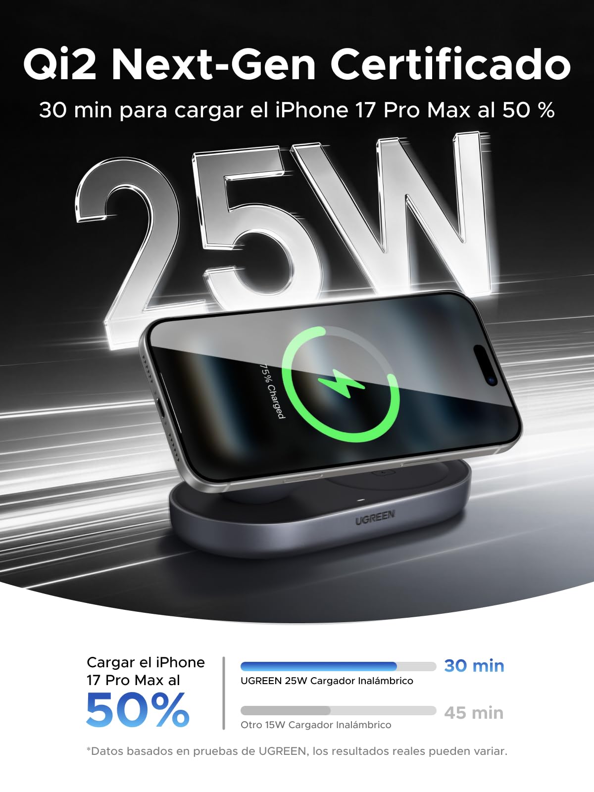 UGREEN Zapix Cargador Inalámbrico iPhone, Qi2 25W Carga Rápida, 2 en 1 Base de Carga sem Fios Magnético Compatible con Magsafe iPhone 17 16 15 14 13 12 Pro MAX Air Plus AirPods (Negro)