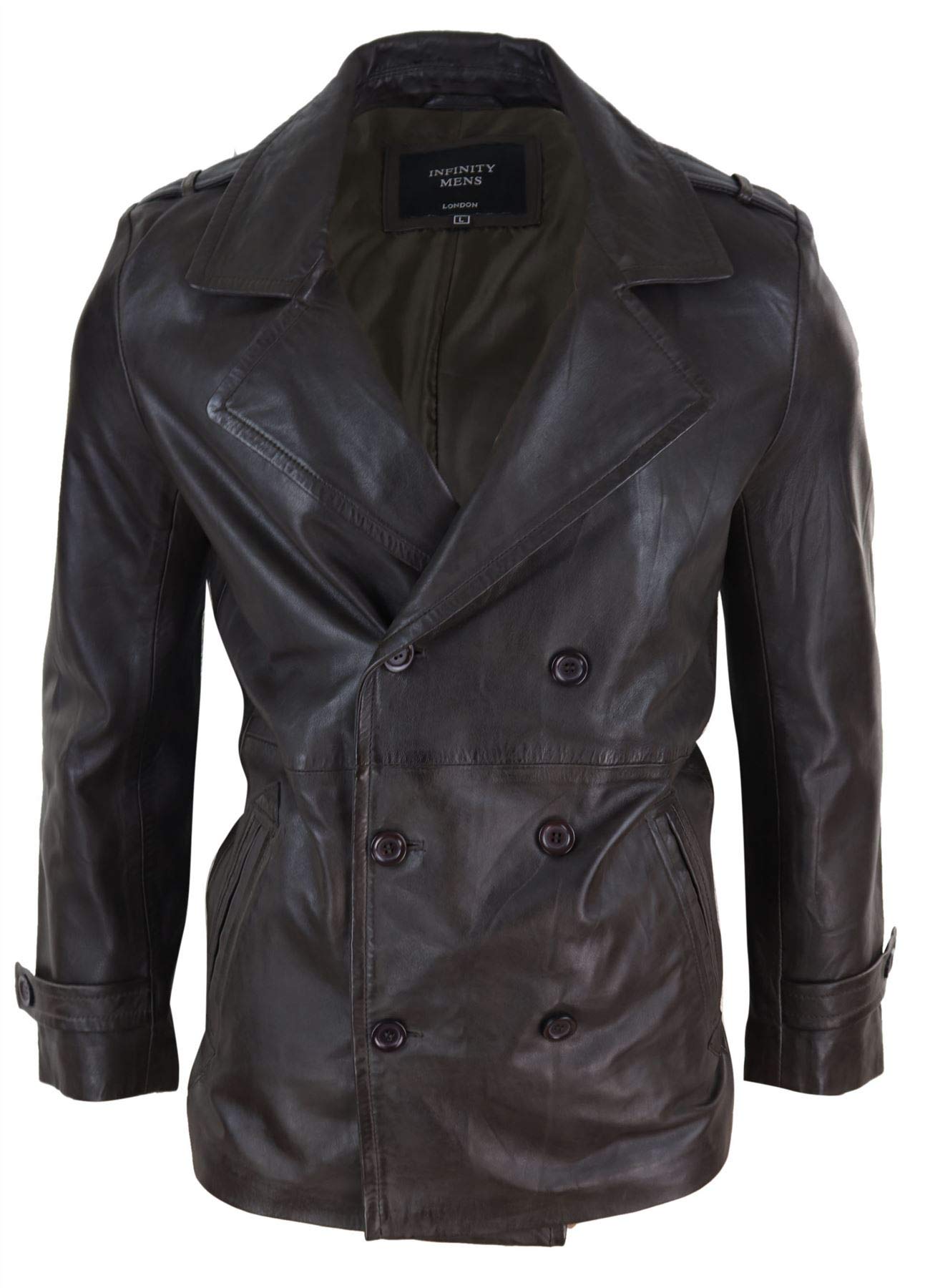 Infinity Leather Men's Brown Leather 3/4 Double Breasted Pea Coat Sherlock Sailor Classic - Medium