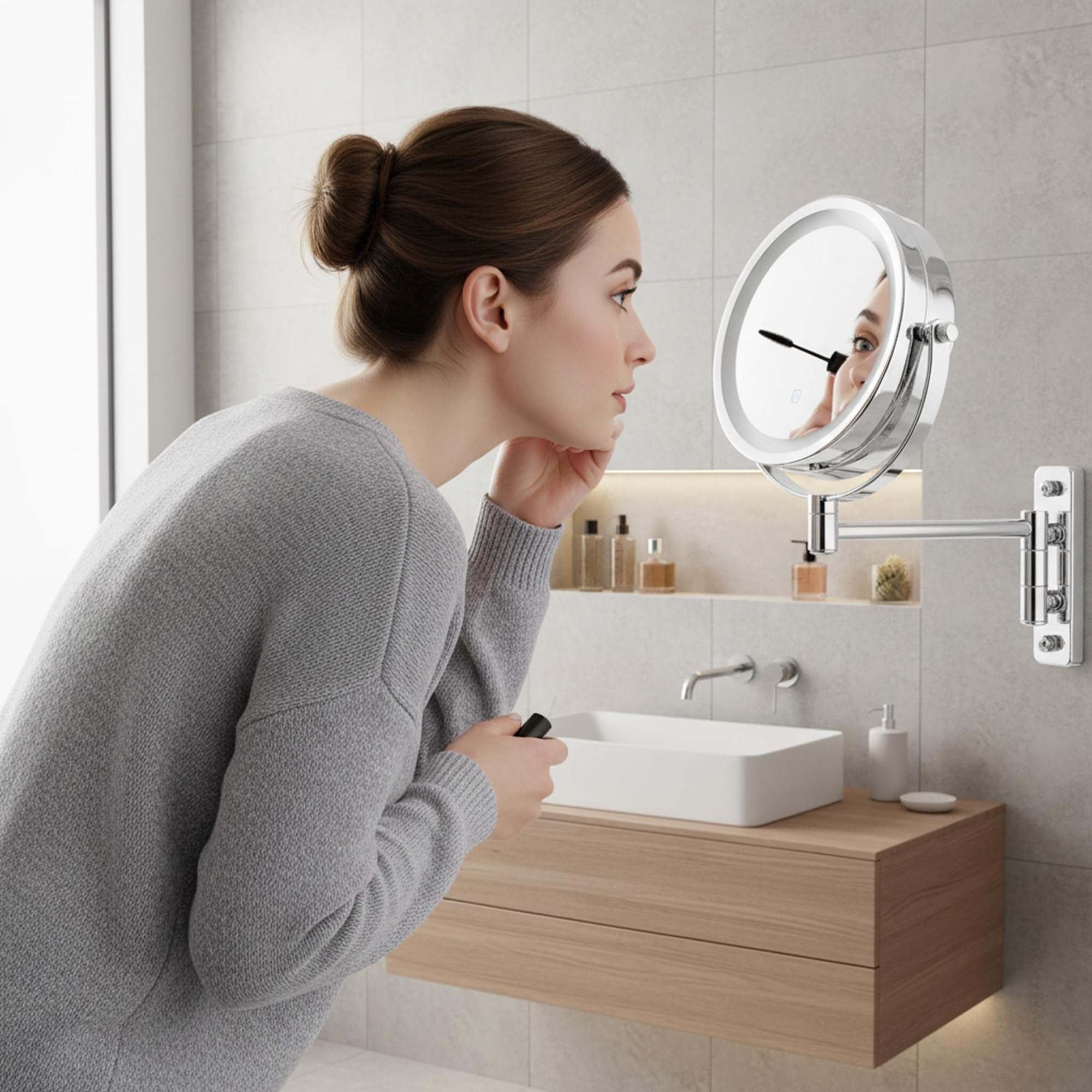 Mucola Kosmetikspiegel Schminkspiegel LED 10-Fach Vergrößerung Wandmontage | Doppelt schwenkbarer Arm zum Heranziehen, blendfreier Lichtring, für Rasur und präzises Styling, Chromoptik rostresistent