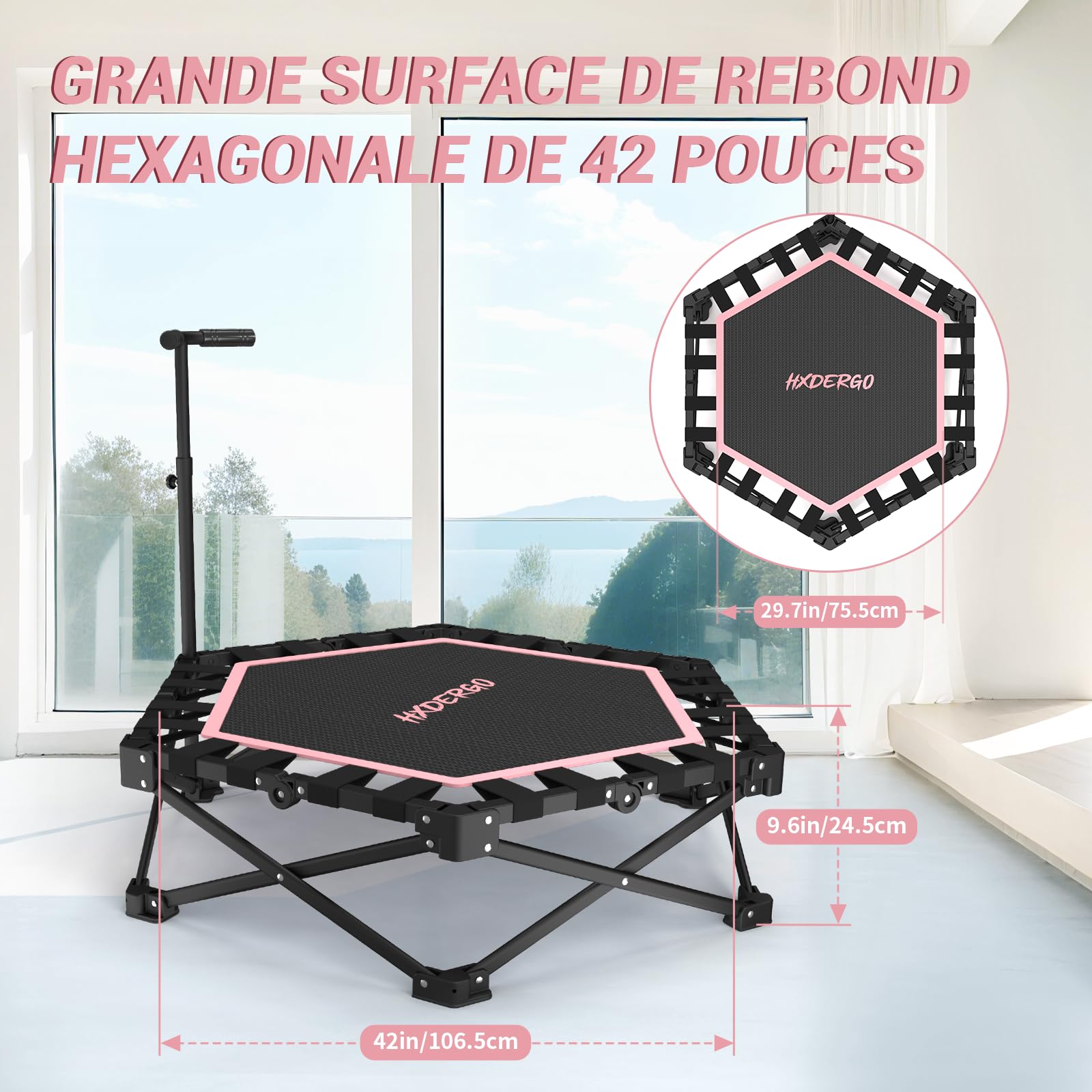 HXD-ERGO Trampoline de Fitness avec poignées réglables, Mini Trampoline de Saut Pliable pour Adultes, diamètre 106 cm