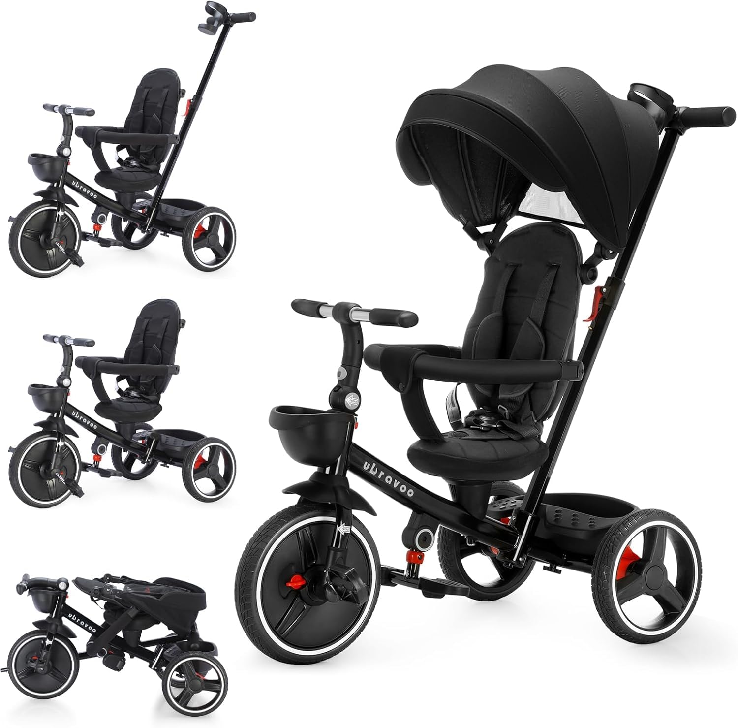 6 in 1 Baby Dreirad, lernendes Kleinkind-Fahrrad/Abnehmbare Leitplanke, Verstellbares Verdeck, Sicherheitsgurt, Stoßdämpfungsdesign, Getränkehalter und Korb
