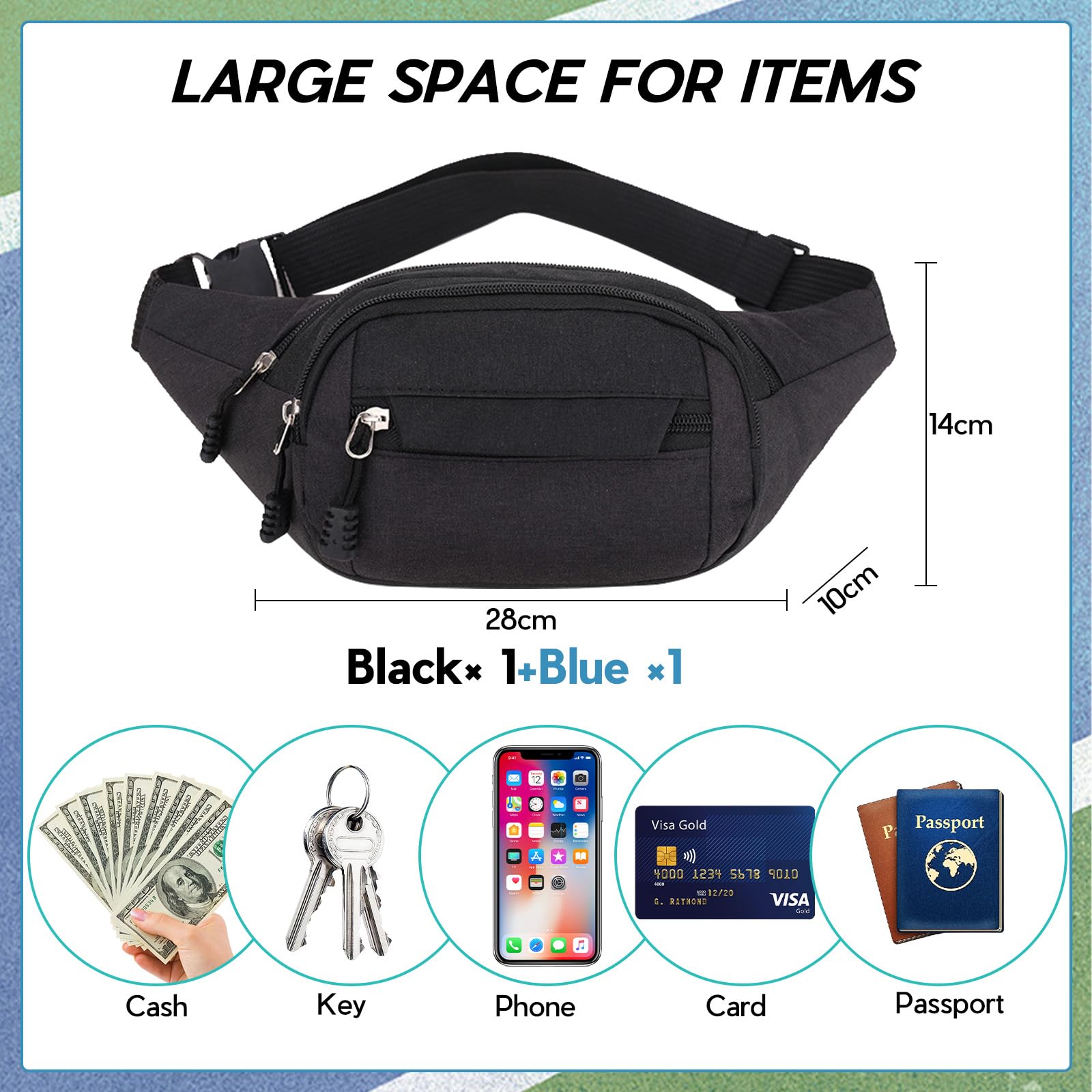 Scettar 2 Pack Bum Bag Bumbag for Men Women Fashion Waist Bag Travel Fanny Waterproof 4 Zip Pockets Fanny Pack for Women Men Sports Travel Cycling - Image 2