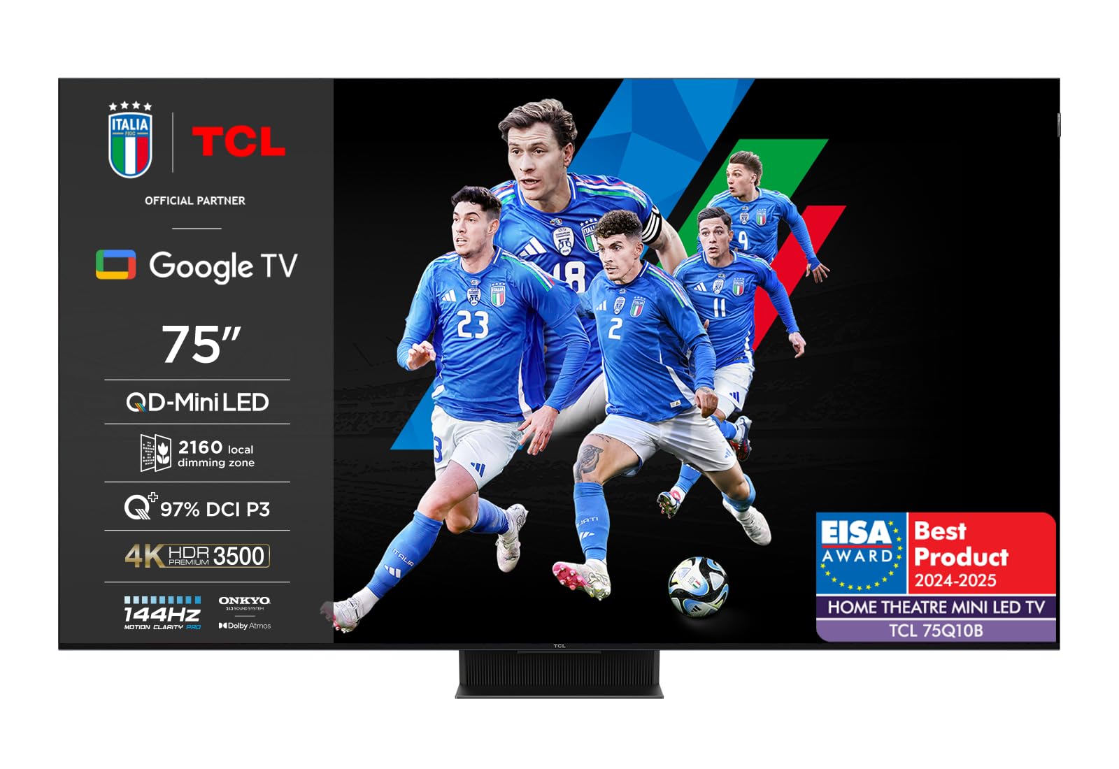 TCL 75Q10B, TV Mini LED 75”, pannello QLED 144Hz, 4K Ultra HD, Google TV (Dolby Vision & Atmos, audio ONKYO 2.1.2, Controllo vocale hands-free, compatibile con Google Assistant & Alexa, AirPlay2) 75 pollici Q10B