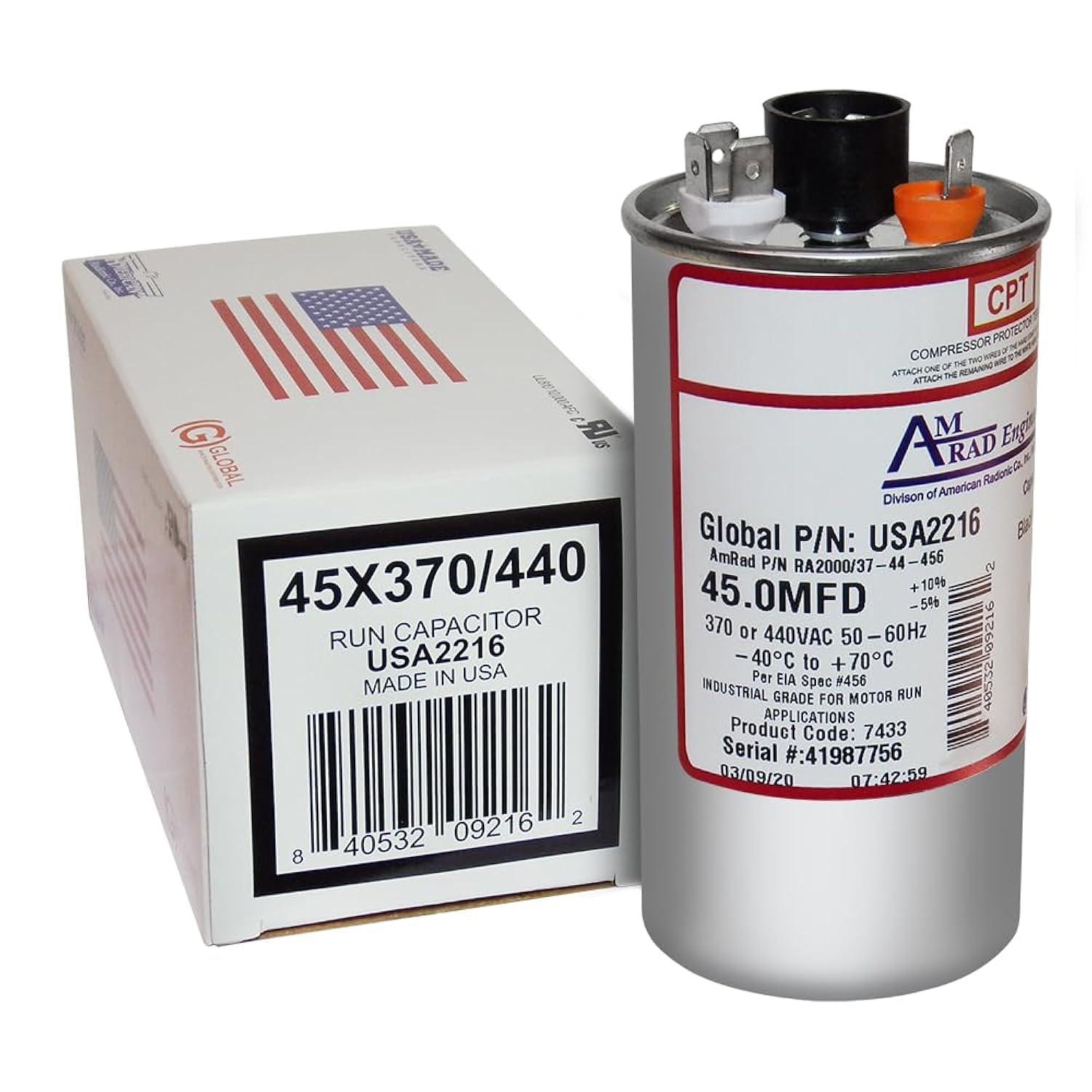 Proline PB450E000S440DAGR Replacement - 45 uf/Mfd 370/440 VAC AmRad Round Universal Capacitor, Made in The U.S.A.