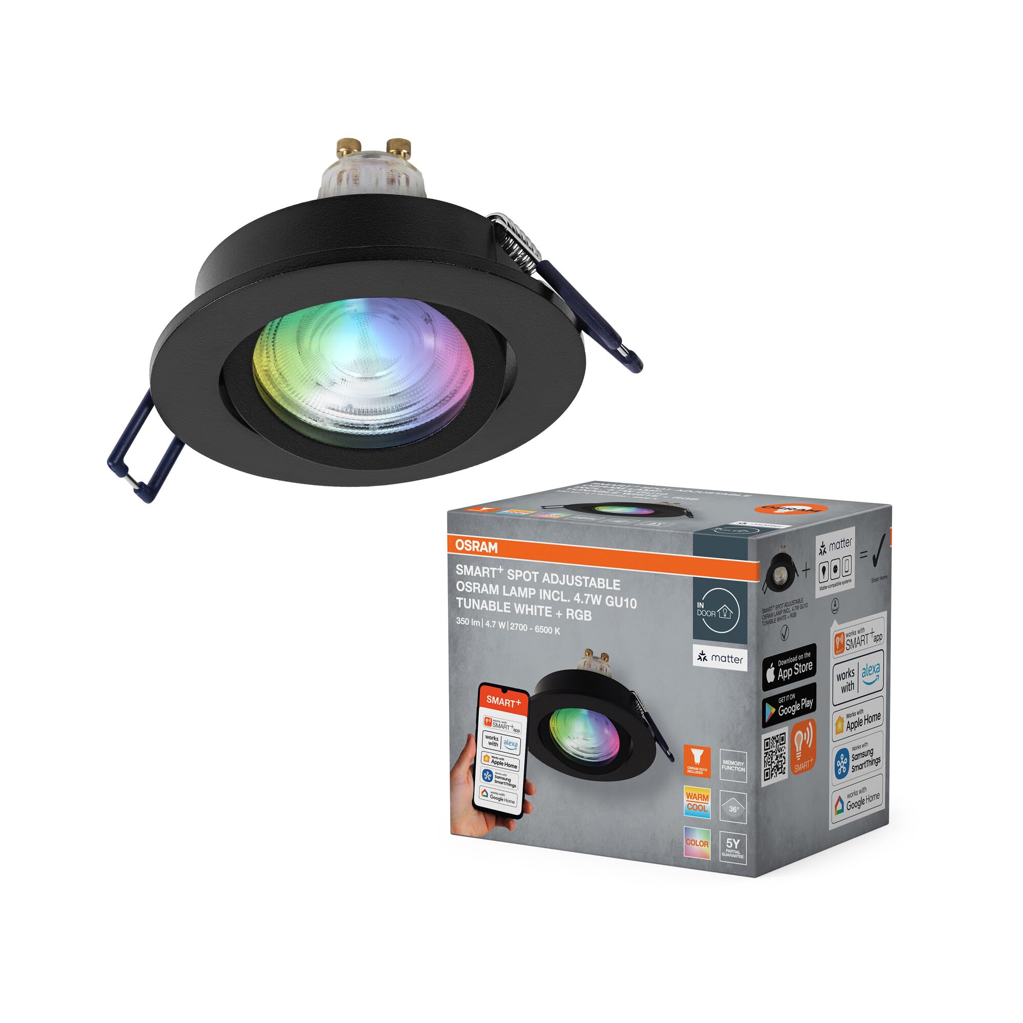 Osram Smart Matter LED Spot GU10 RGBW Flexibel Schwarz, 4,7W Smart Home, Aluminium, App-Steuerung Farbwechsel